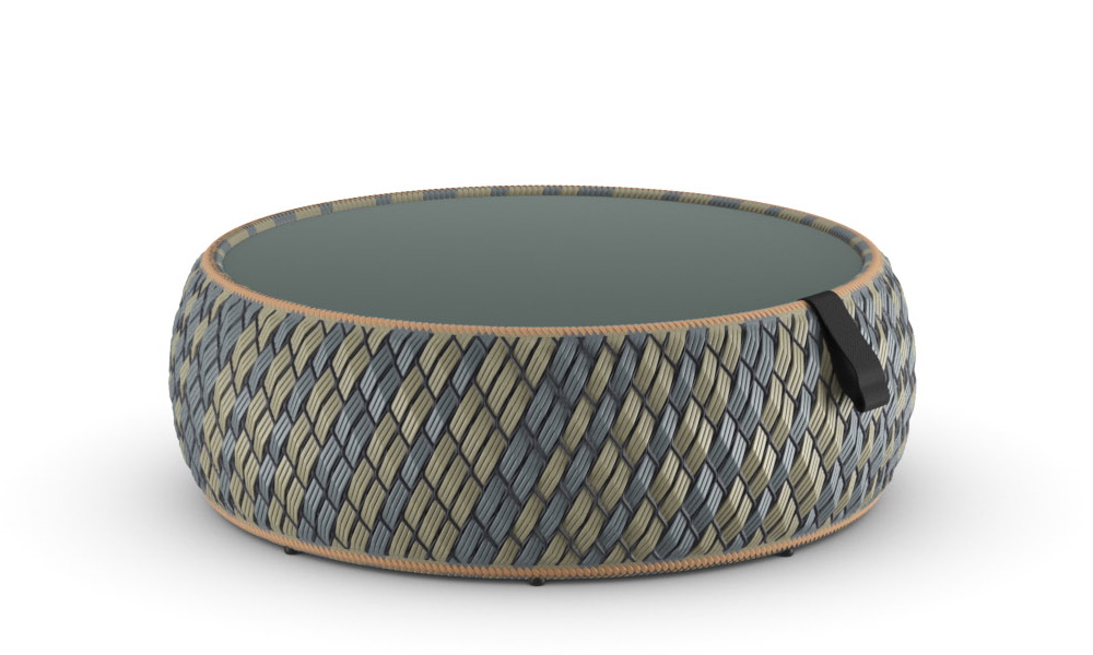 Dala Kaffeetisch von Dedon: Runder Outdoor-Tisch mit geflochtenem Korpus und Glasplatte.