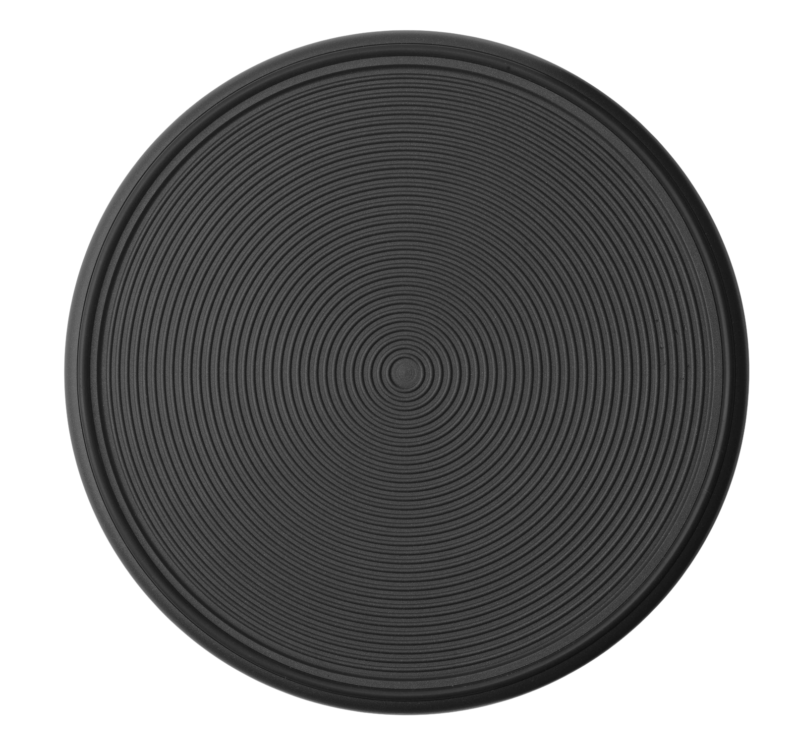 Schwarzes, rundes Vipp Tablett mit konzentrischen Rillen für sicheren Halt von Geschirr und Gläsern.