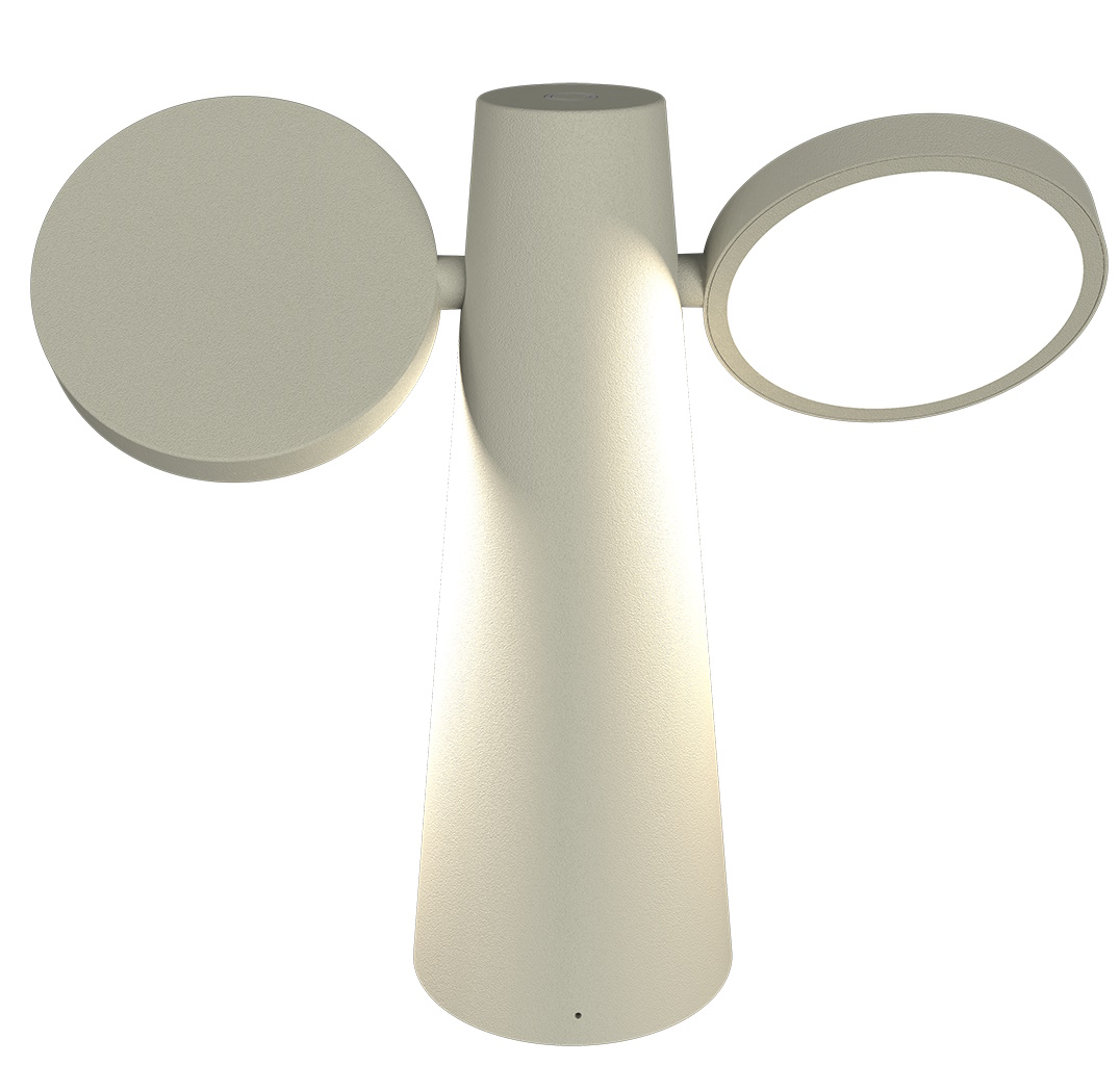 Oto Tischleuchte von Fermob in Lehmgrau: Moderne LED Lampe mit zwei Leuchtelementen.