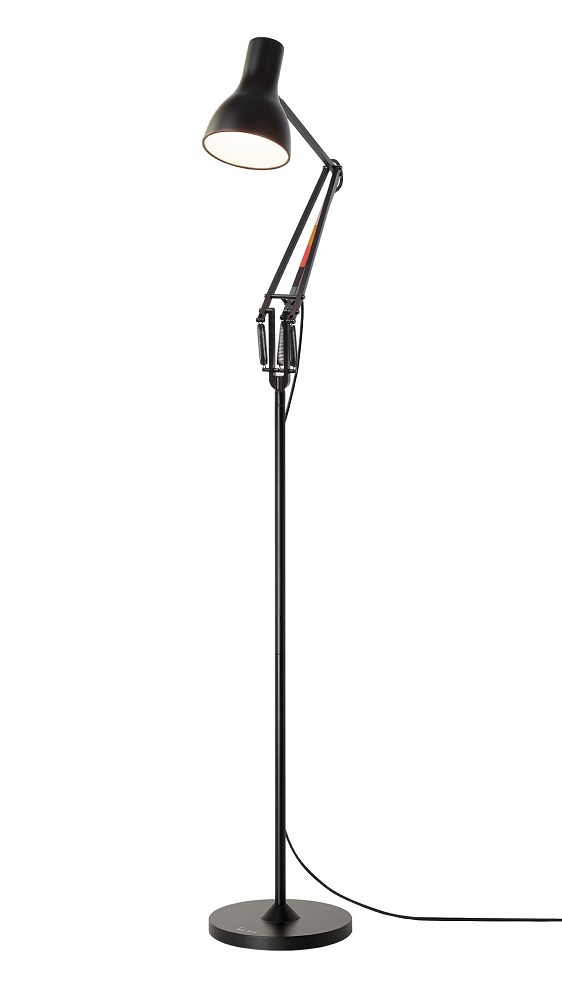 Schwarze Anglepoise Type 75 Stehleuchte Paul Smith Edition mit verstellbarem Arm und hellem Licht.