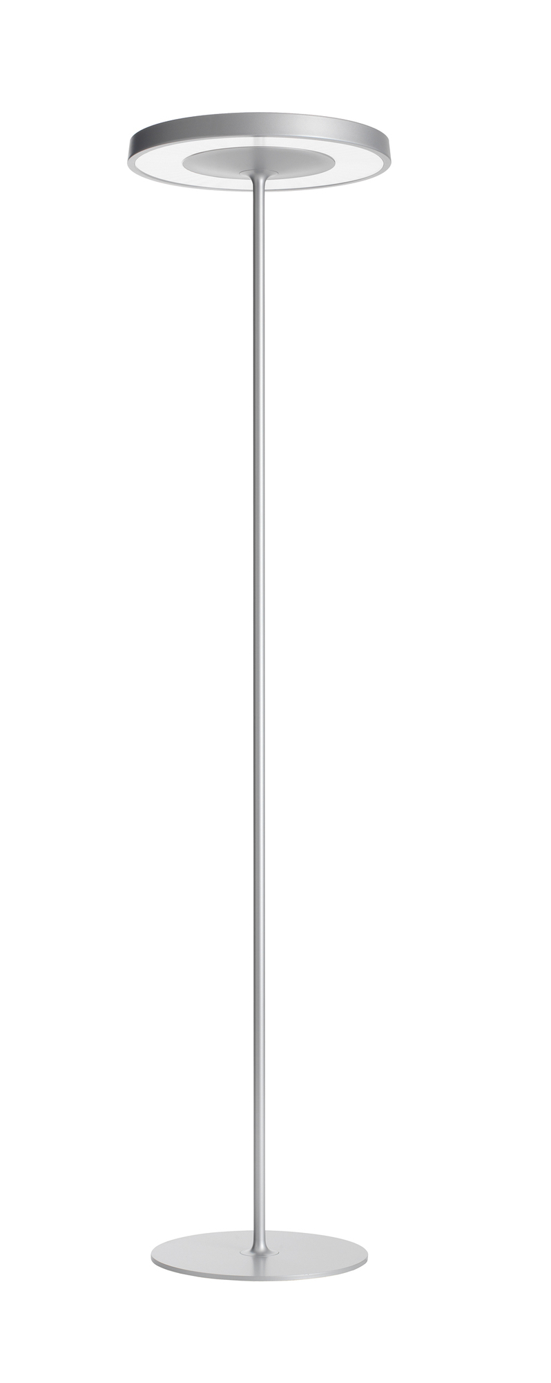Silberne Belux Disk Stehleuchte mit kreisförmigem Lampenschirm und Fuß für modernes Wohnambiente.