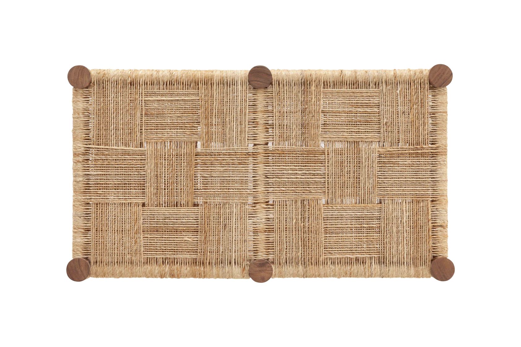 Roots Stool Bank: Draufsicht auf eine geflochtene Sitzbank mit Holzfüßen, ideal für Wohnzimmer.