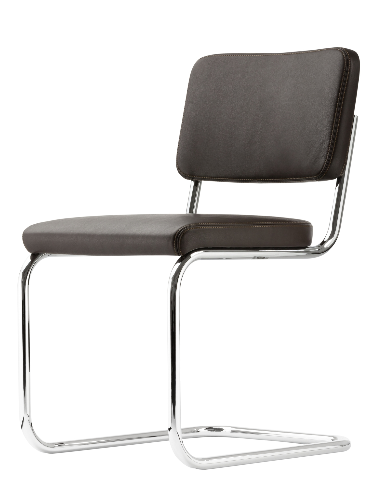 S 32 PV Thonet Freischwinger Stuhl mit braunem Leder und verchromtem Stahlrohr Gestell.