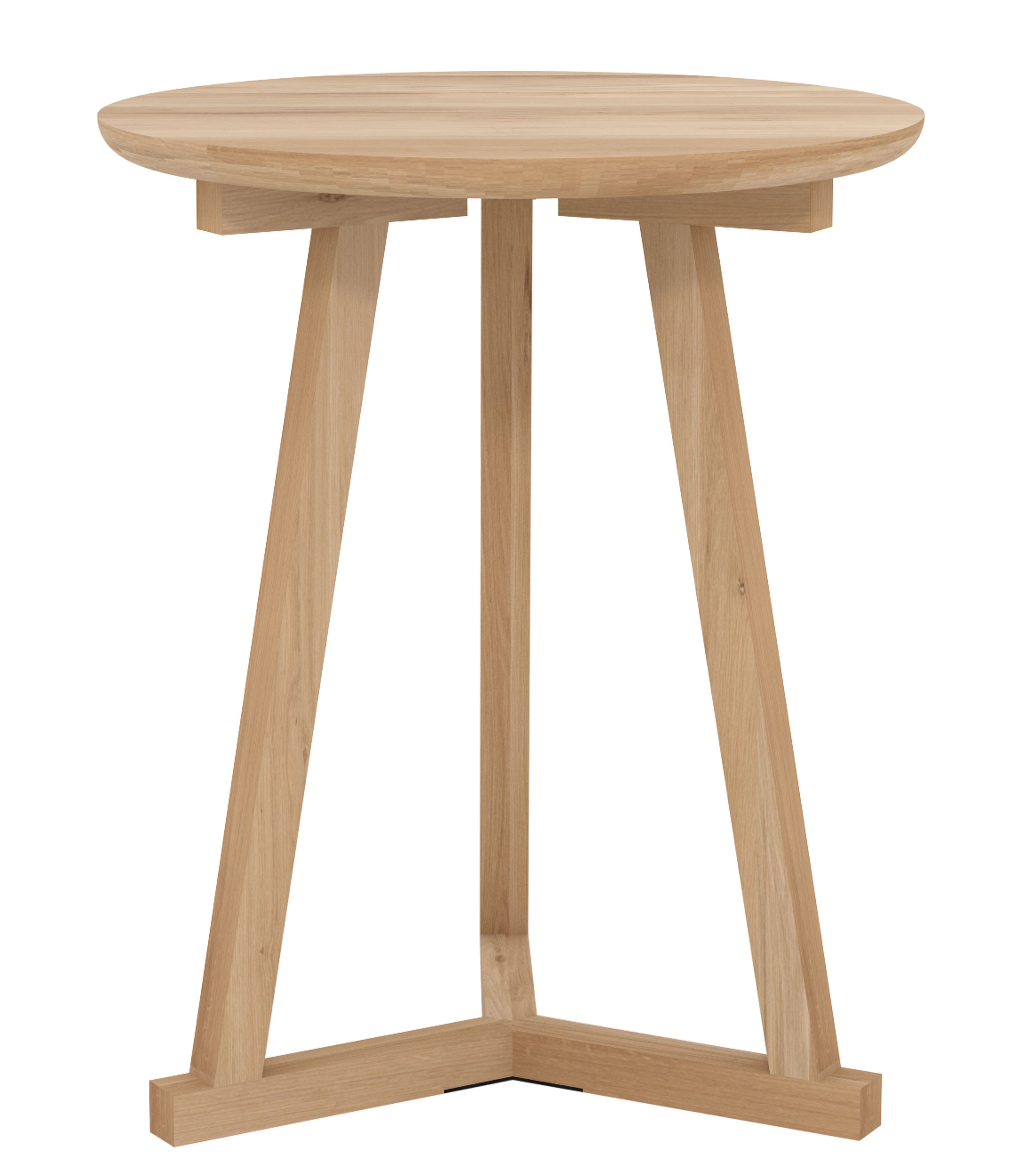 Ethnicraft Tripod Beistelltisch aus Eiche, runder Holztisch mit drei Beinen, modernes Möbeldesign.
