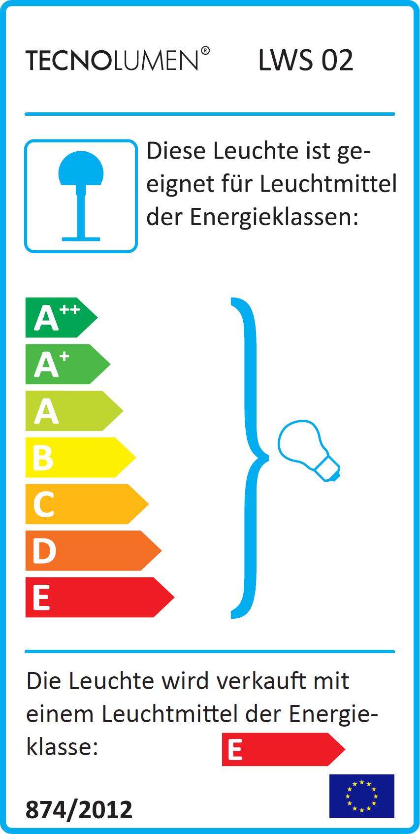 Energielabel der LW S 02 Lightworm Tischleuchte von Tecnolumen mit Energieeffizienzklassen.