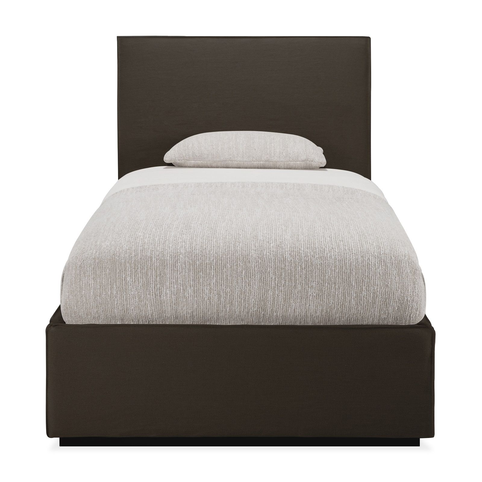 Ethnicraft Revive Bett mit grauem Leinenbezug, abnehmbar, modernes Schlafzimmer Design.