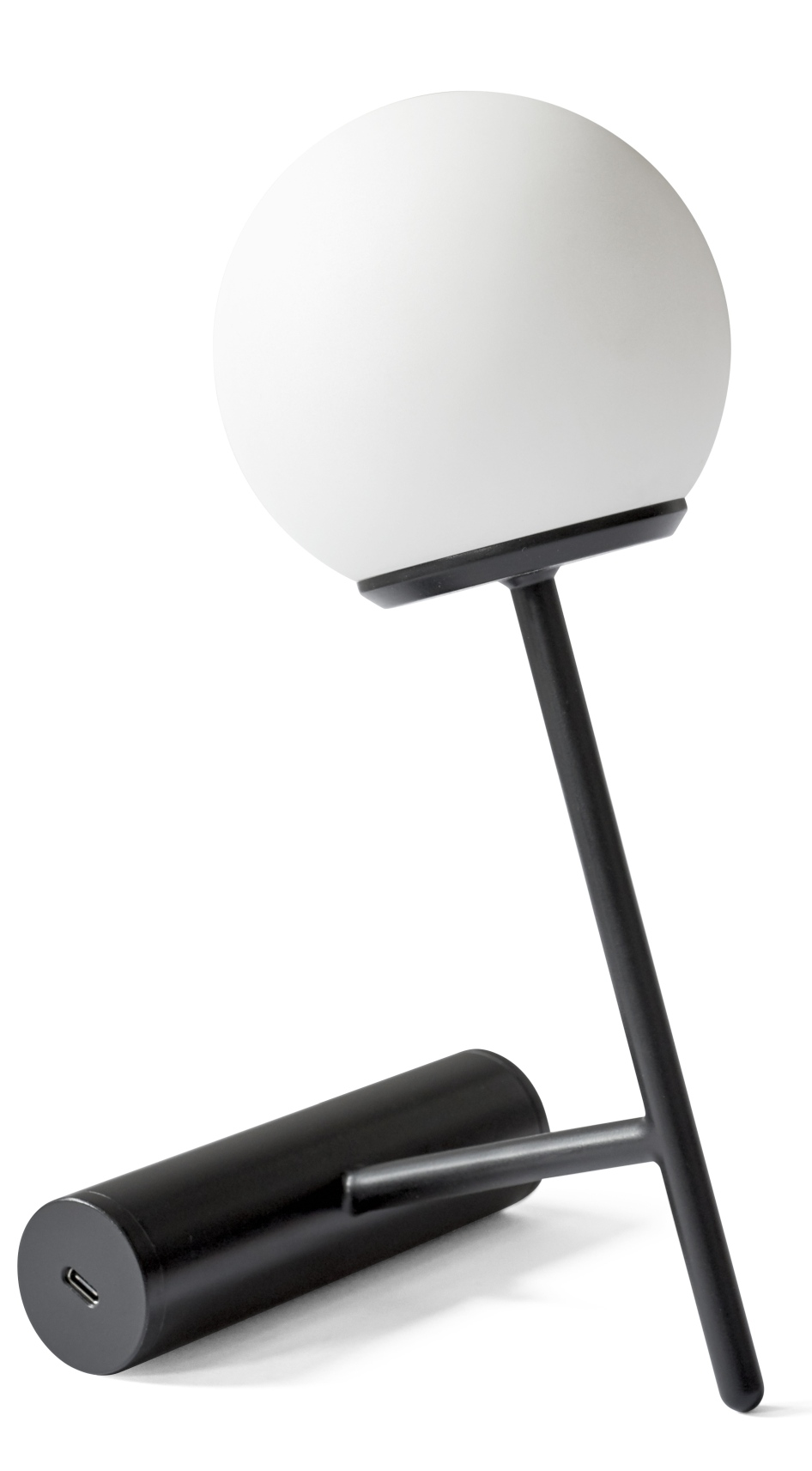 Schwarze Audo Phare LED Tischleuchte mit rundem, weißem Lampenschirm und USB-Anschluss.