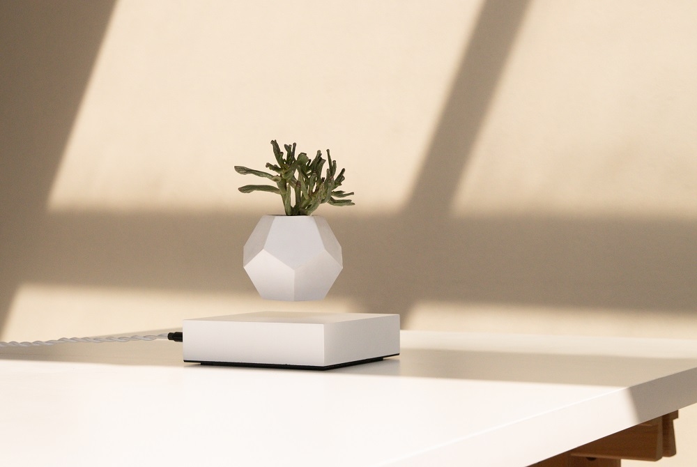 Lyfe schwebende Vase in Weiß mit Pflanze, die über einem weißen Sockel schwebt.