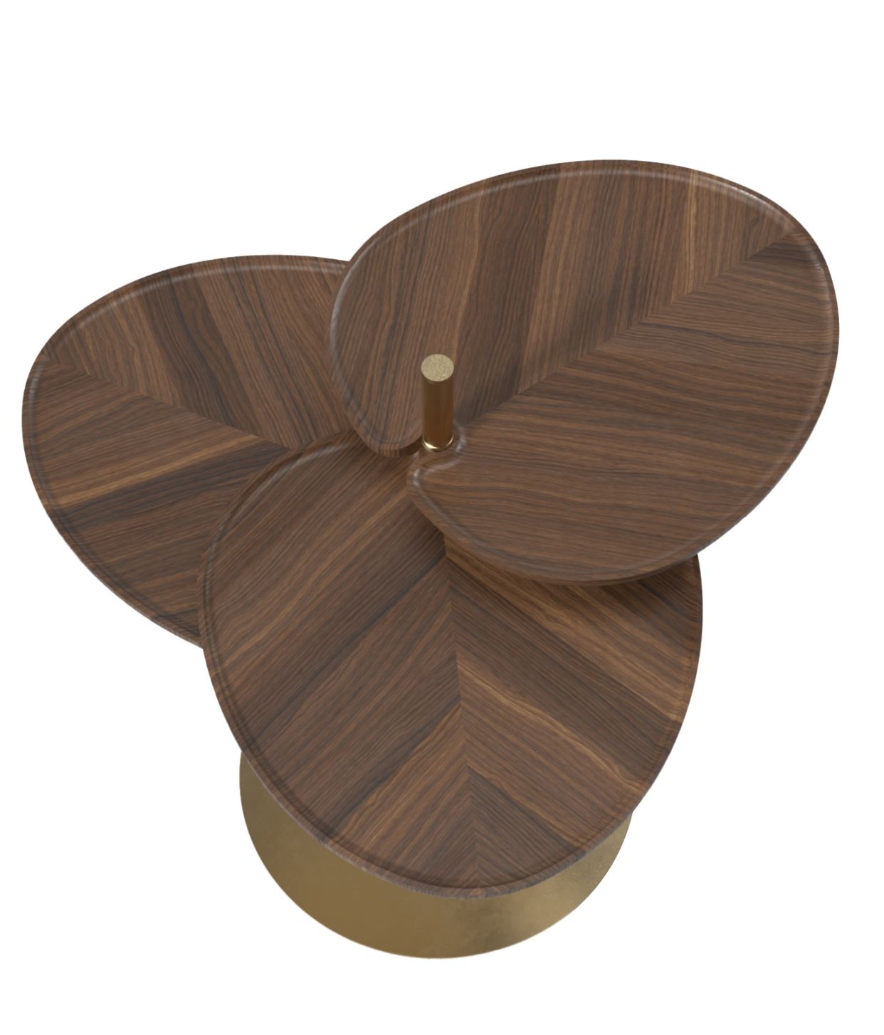 Ansicht von oben: Leaf 3 Side Table, ein moderner Beistelltisch mit drei blattförmigen Holzplatten und goldenem Sockel.