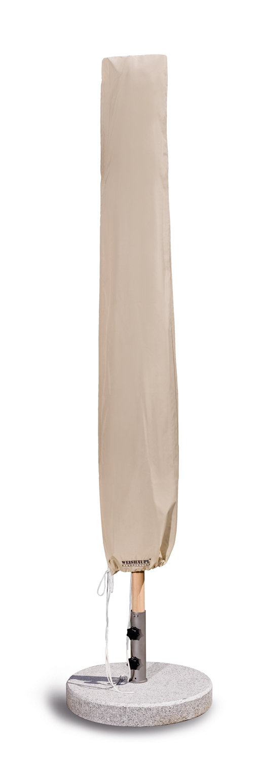 Beige Schutzhülle aus Synthetikgewebe für einen Weishäupl Sonnenschirm mit 261 cm Durchmesser.