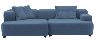 Blaues Alphabet Sofa von Fritz Hansen, 3-Sitzer mit Armlehne links und Kissen.