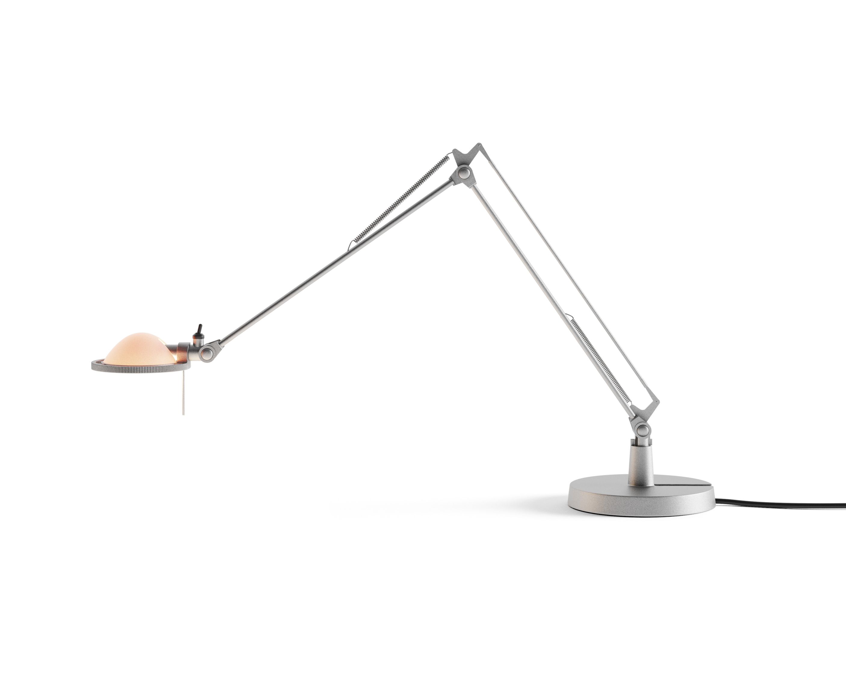 Silberne Berenice Tischleuchte mit rosa Glasreflektor von Luceplan, flexibel verstellbar und modern.