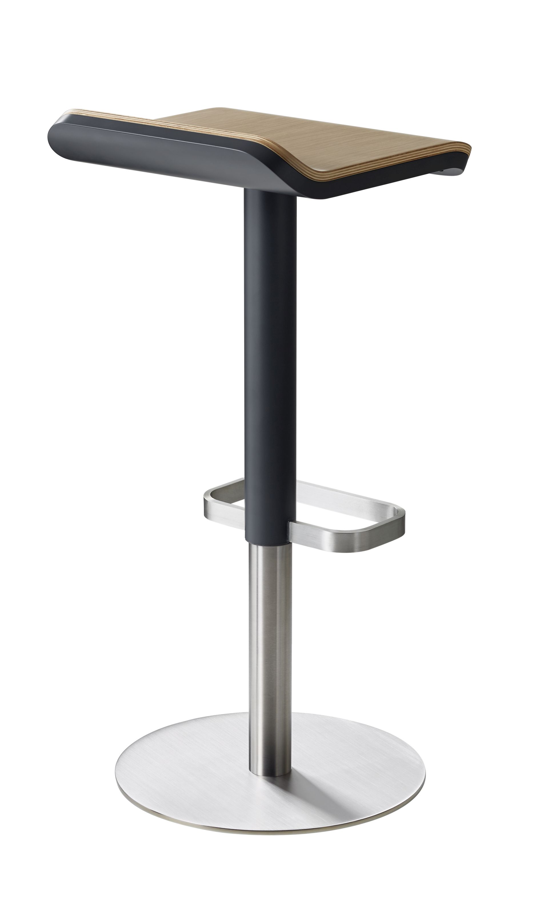 ED Barhocker mit Eiche Sitzfläche und anthrazitfarbenem Gestell aus Edelstahl. Höhenverstellbarer Hocker.