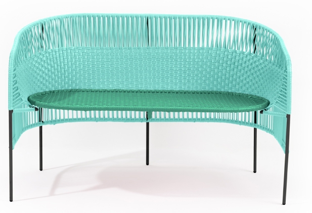 Caribe 2-Sitzer Outdoor Bank in Türkis und Smaragdgrün mit schwarzem Gestell. Gartenbank für zwei Personen.
