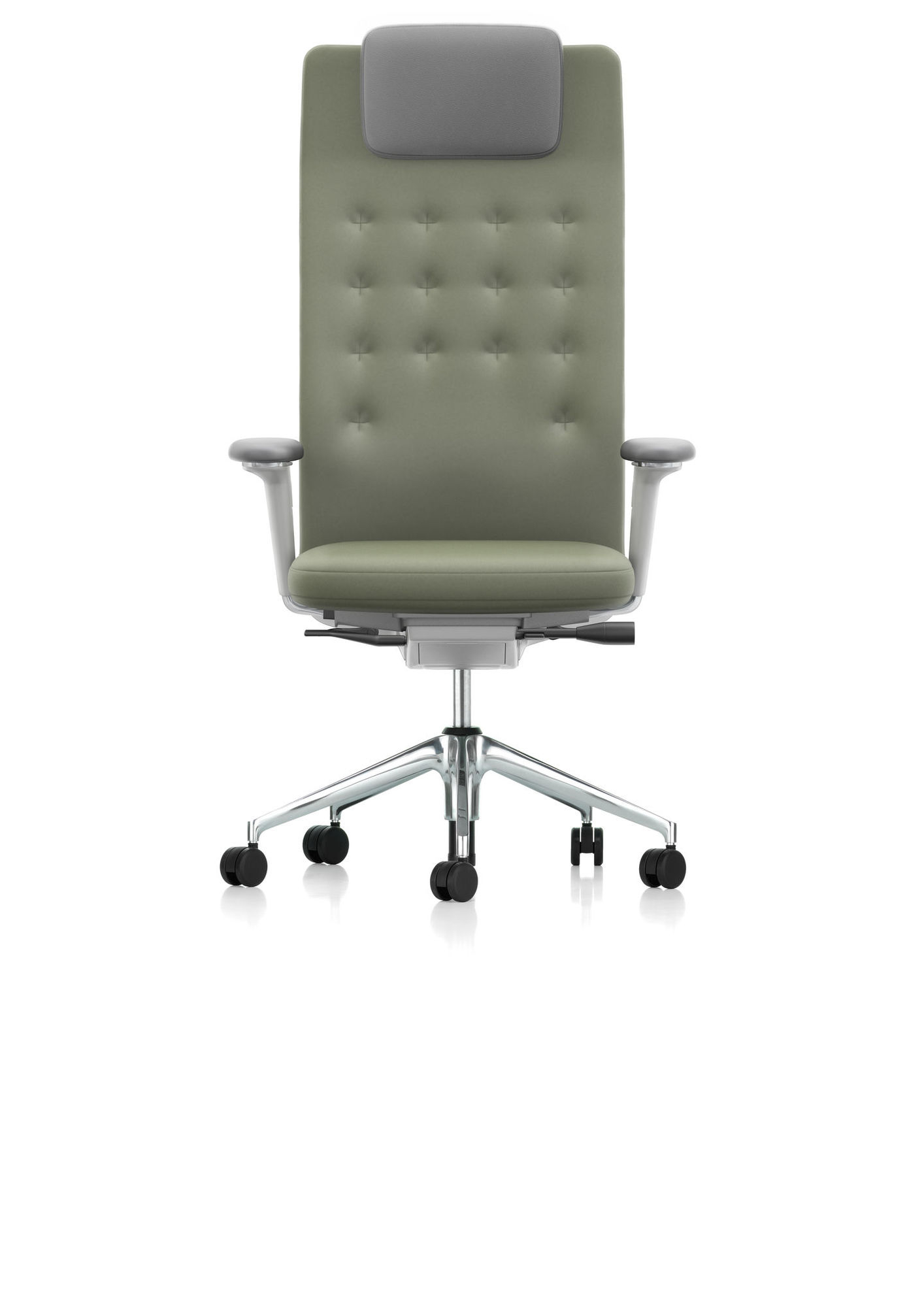 Vitra ID Chair Trim L Bürostuhl, olivgrün mit grauer Kopfstütze, ergonomischer Drehstuhl für Büro.
