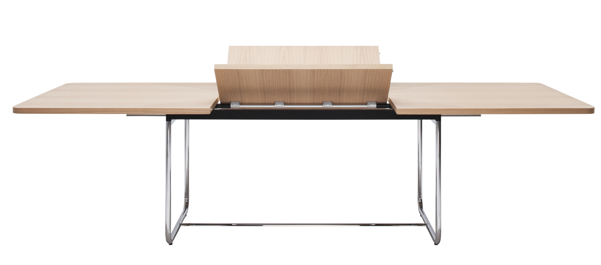 S 1072 Thonet Esstisch ausziehbar mit Holztischplatte und Stahlrohrgestell, ausgezogen. Erweiterbarer Küchentisch für Esszimmer.