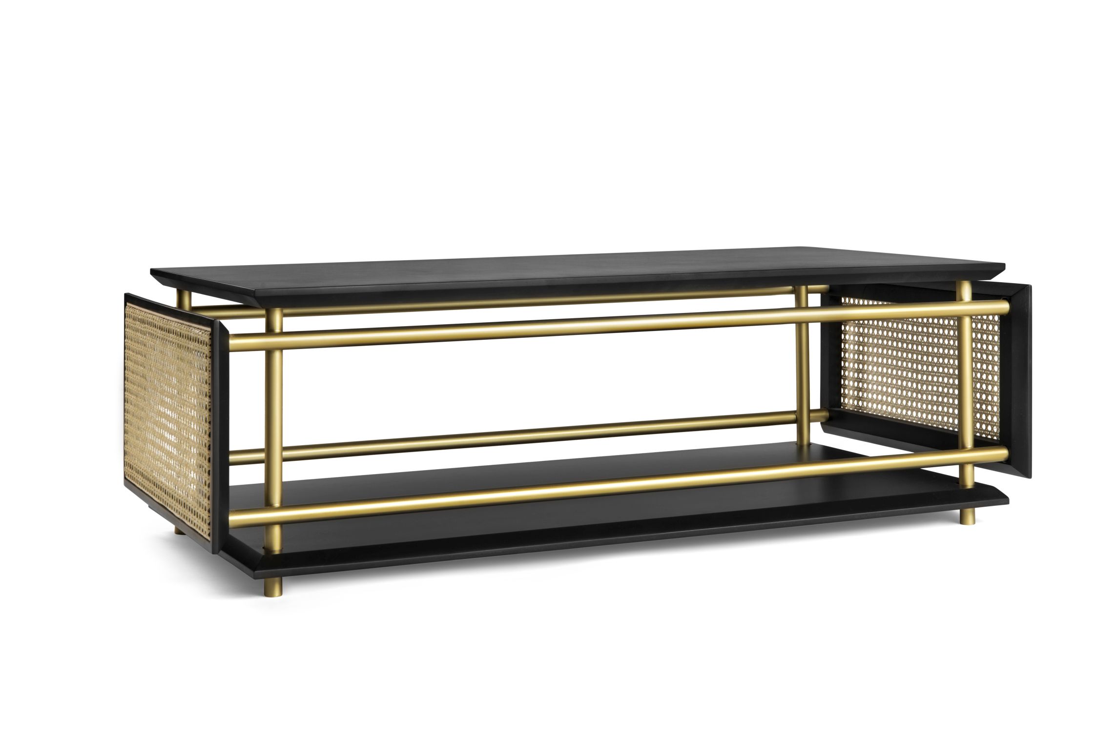 Wiener Box Couchtisch von Wiener GTV Design mit Wiener Geflecht, schwarzer Tischplatte und goldenem Gestell.