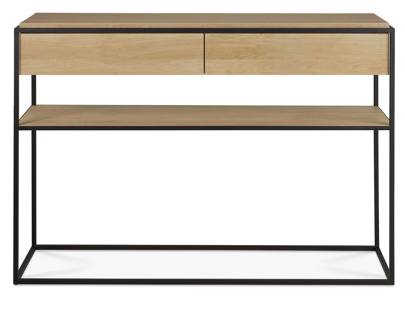 Monolit Konsole aus Eiche von Ethnicraft mit zwei Schubladen und schwarzem Metallgestell.