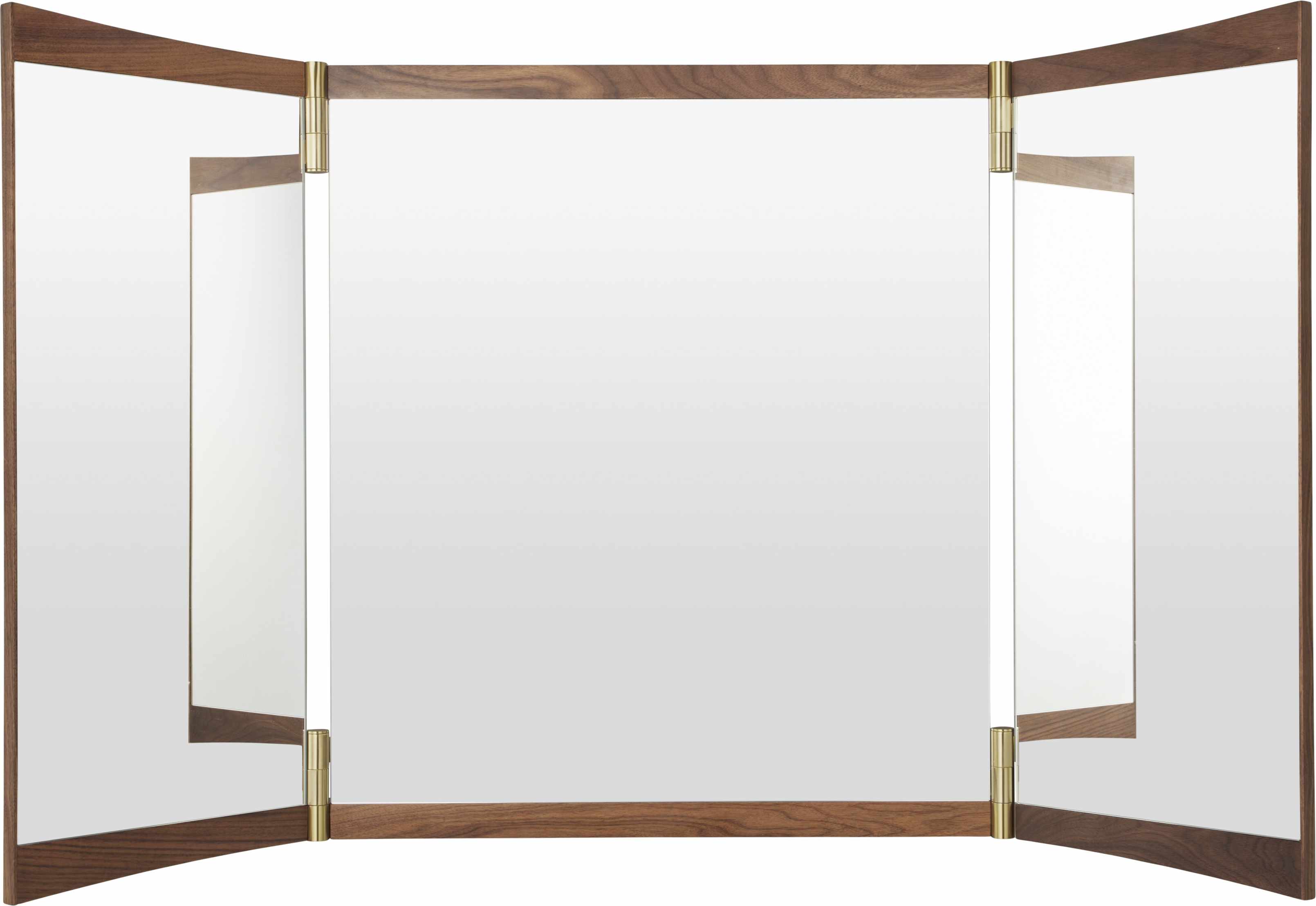Gubi Vanity Wall Mirror 3, dreiteiliger Wandspiegel mit Holzrahmen und Messing Scharnieren.