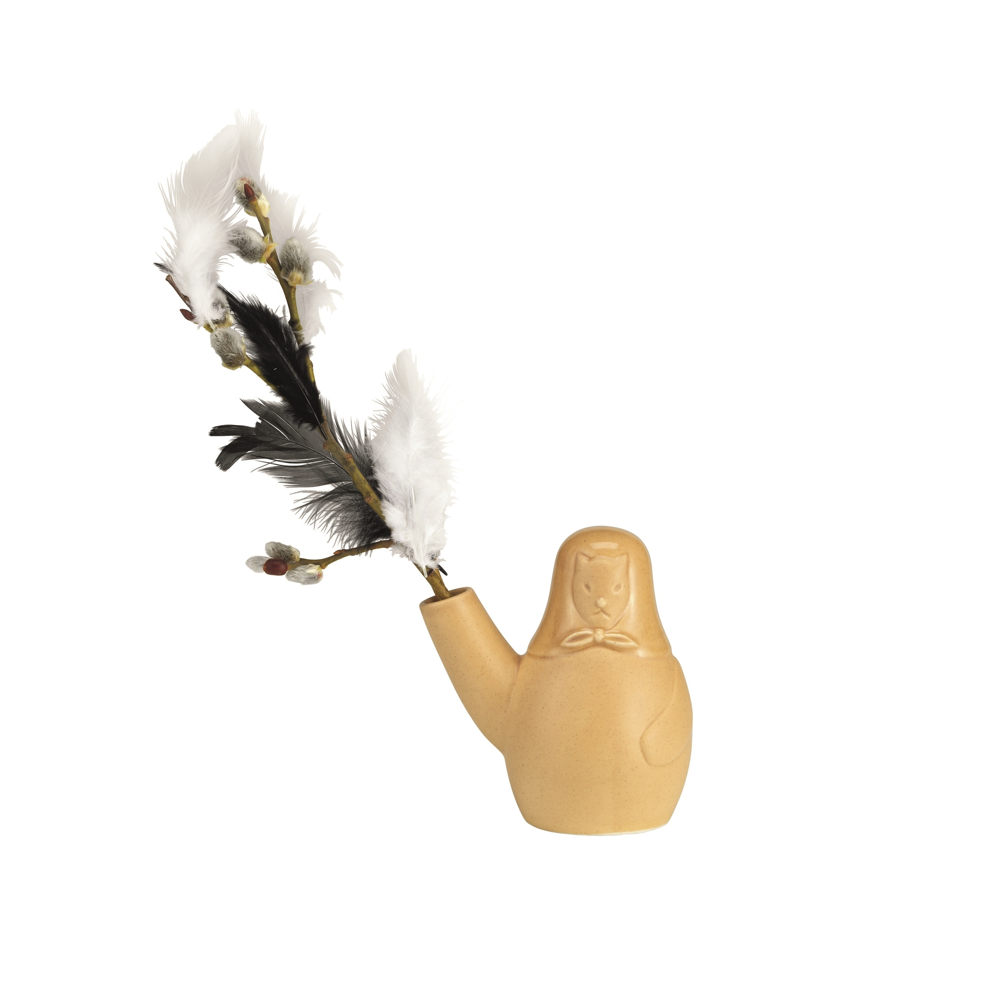 Beige Artek Hund Vase mit Federn und Zweigen, dekorative Osterdekoration für das Zuhause.