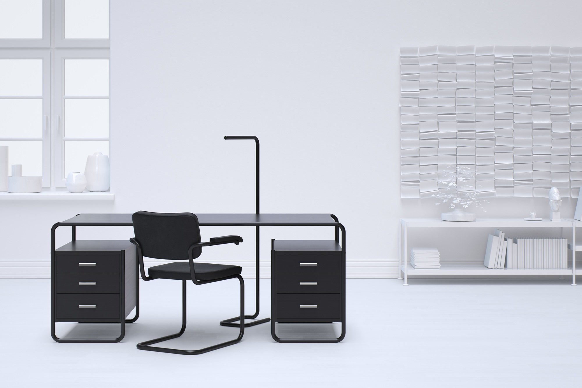 S 285/1 Stahlrohr Schreibtisch von Thonet in Schwarz mit passendem Bürostuhl und Schubladenelementen.