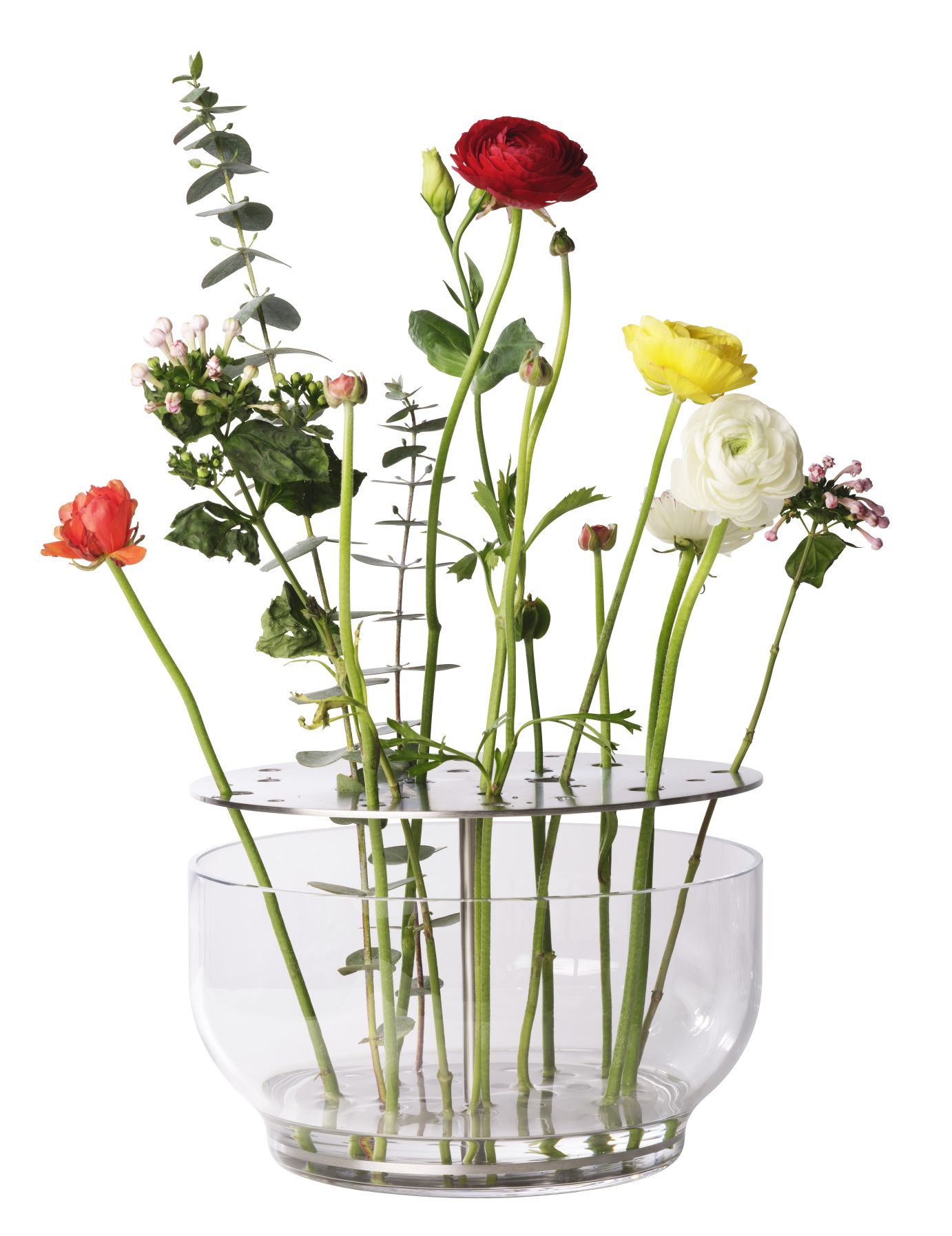 Ikebana Vase aus Edelstahl von Fritz Hansen mit bunten Blumen und filigranem Design.