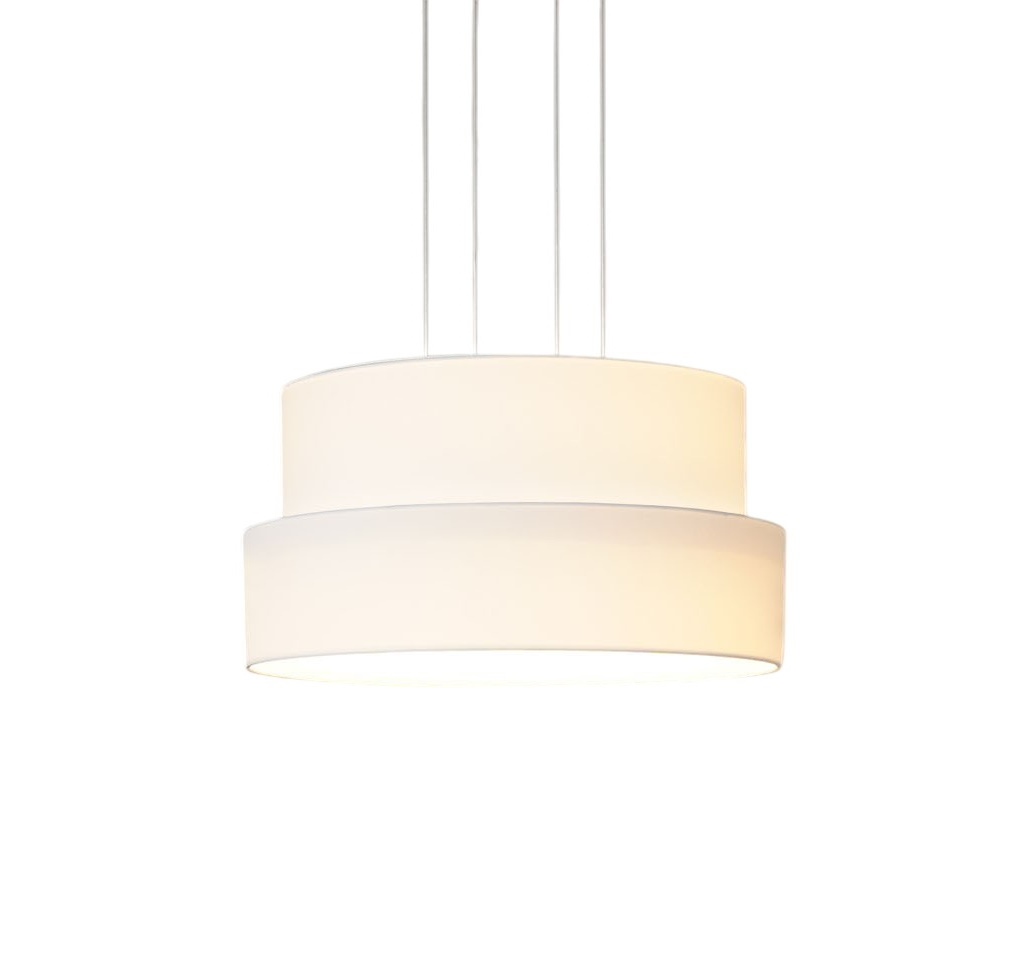 Weiße Fly Pendelleuchte von Maigrau: Moderne Hängelampe mit zwei zylindrischen Lampenschirmen.