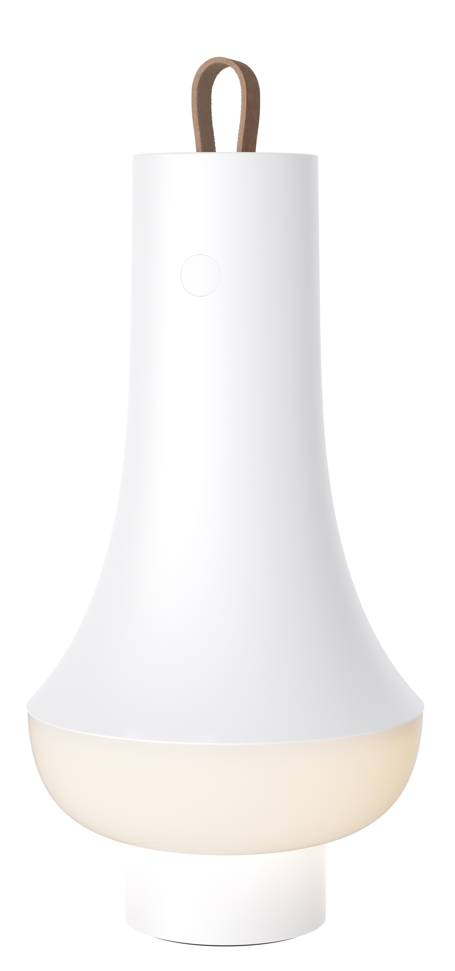 Weiße Tomoshi Portable Akkuleuchte von Louis Poulsen mit Ledergriff für den Tisch und unterwegs.