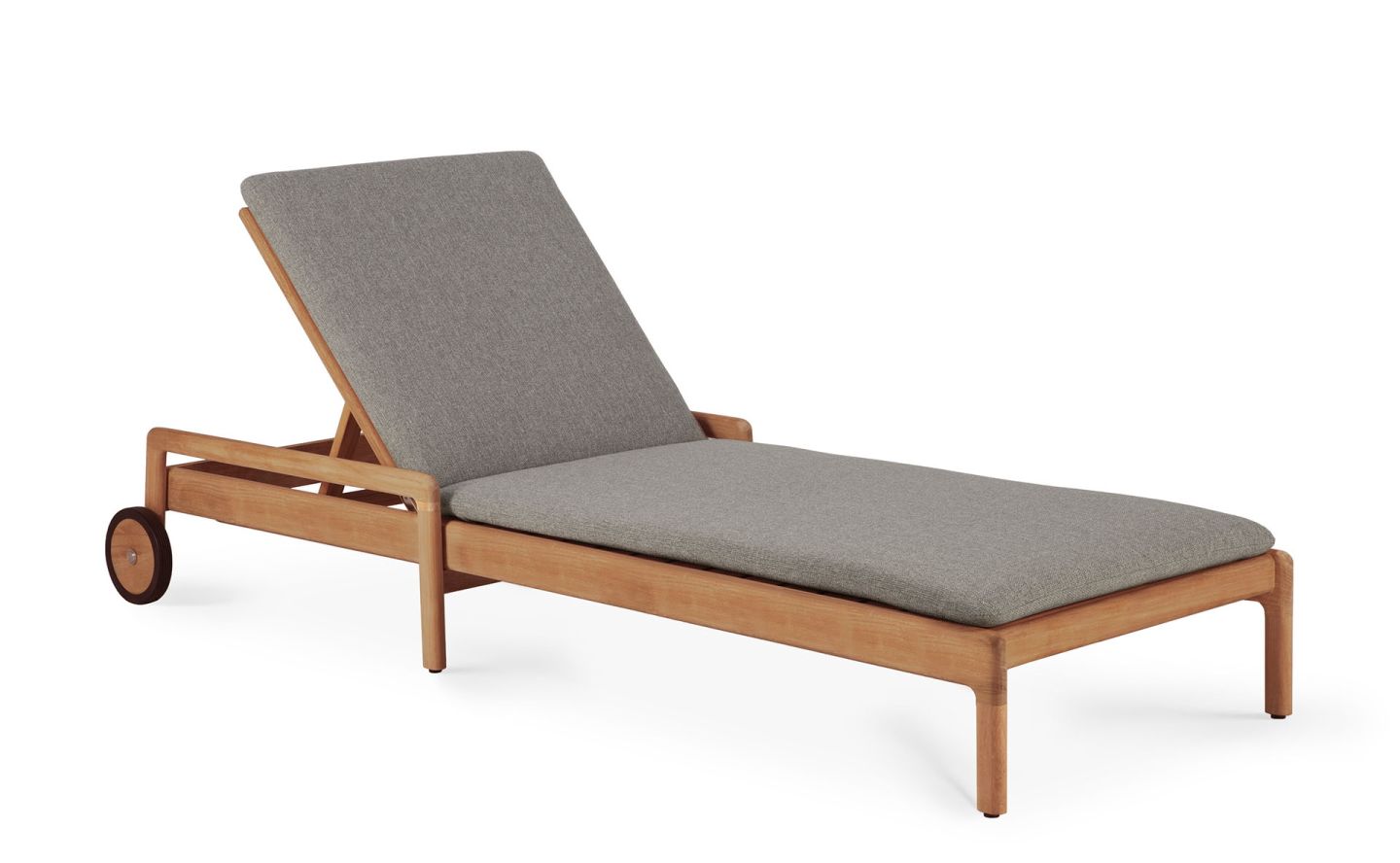 Jack Outdoor Liege aus Teakholz mit grauer Polsterung und verstellbarer Rückenlehne.