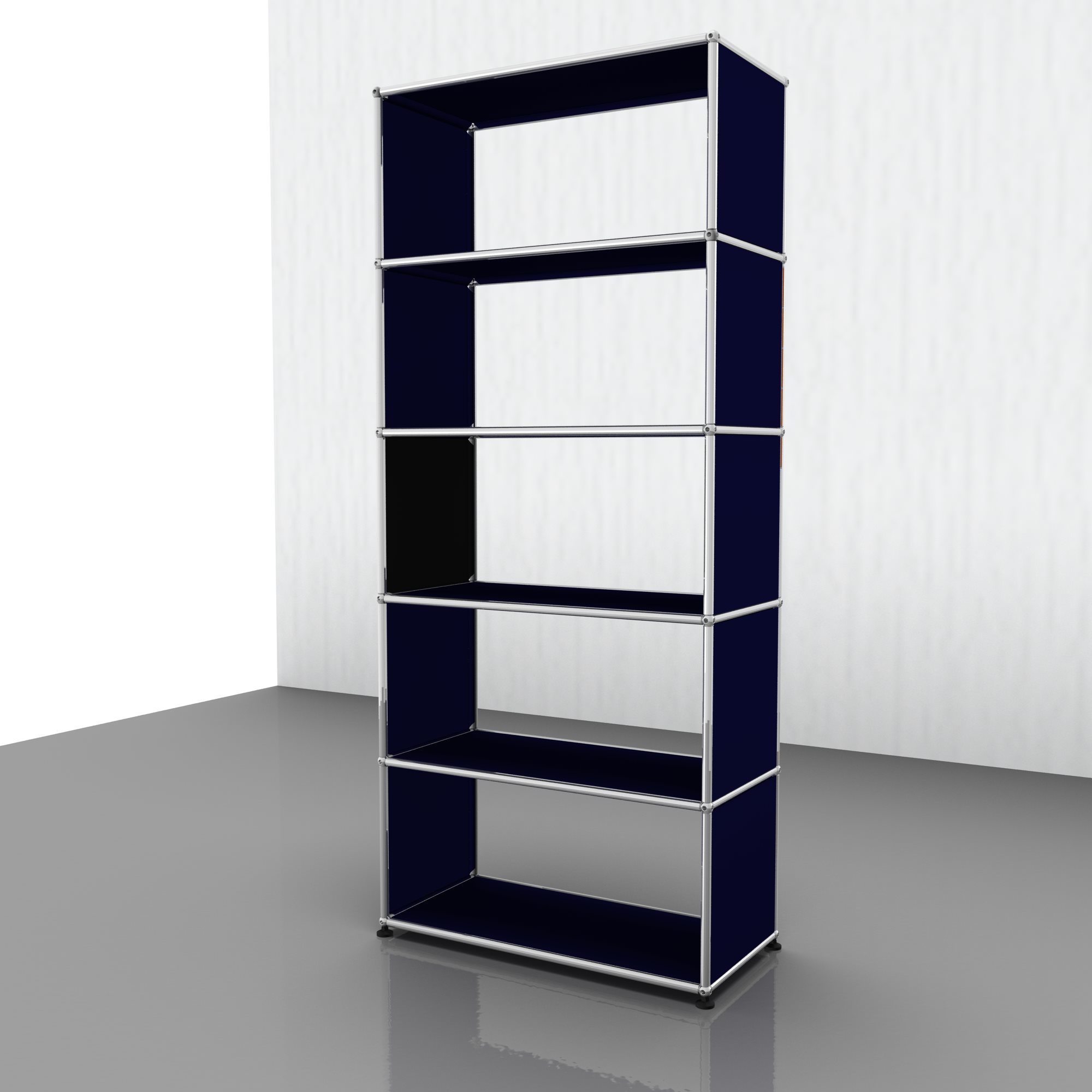 Stahlblaues USM Haller Regal mit fünf Fächern, minimalistisches Design für Büro und Wohnzimmer.