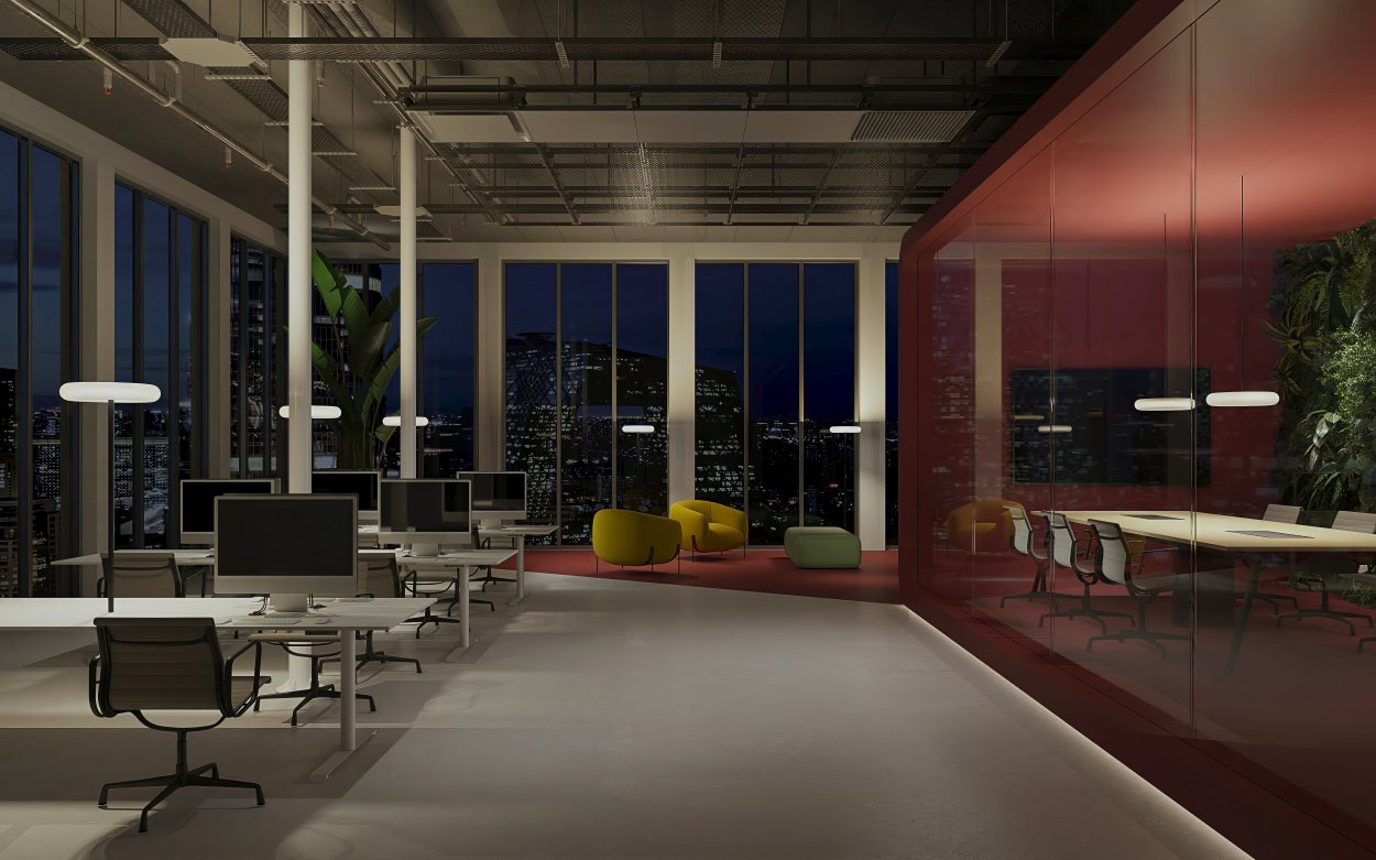 Büro mit Oto Stehleuchten von Belux: Moderne Beleuchtung für Arbeitsplätze und Konferenzräume.