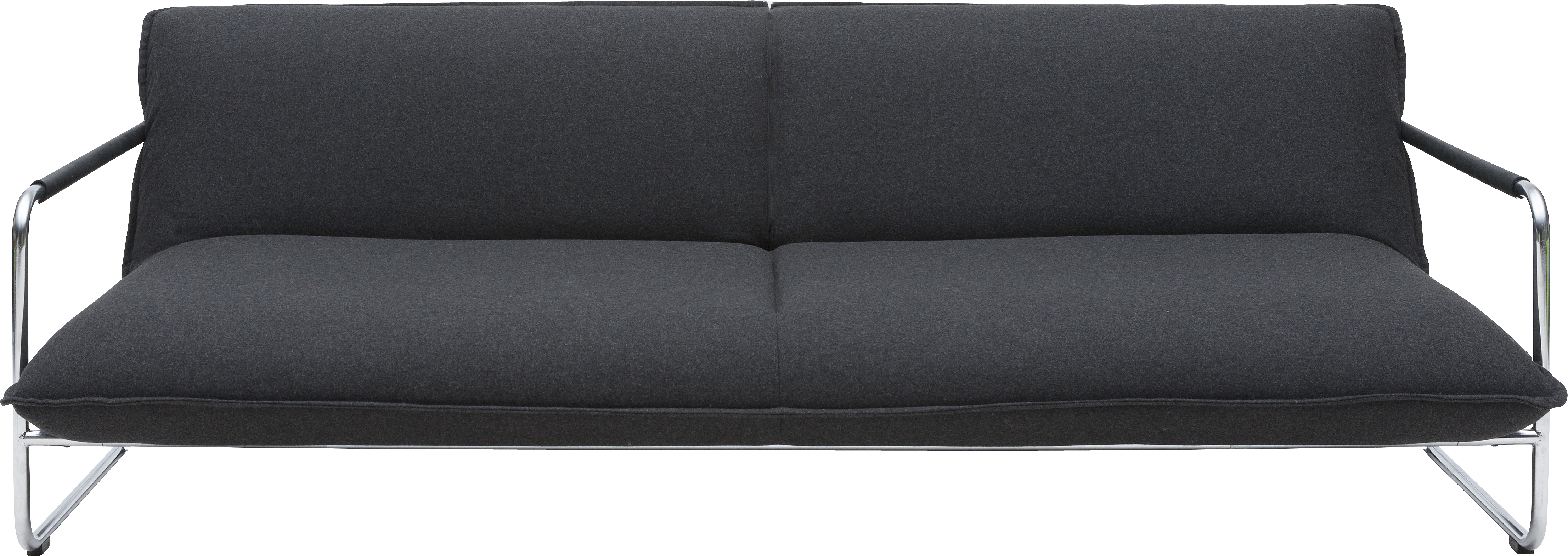 Graues Softline Schlafsofa mit Chromgestell. Modernes Sofa für Wohnzimmer und Gästezimmer.