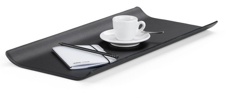 Schwarzes Grand Sofa Tray Tablett mit Kaffeetasse, Notizbuch und Stift für gemütliche Stunden.