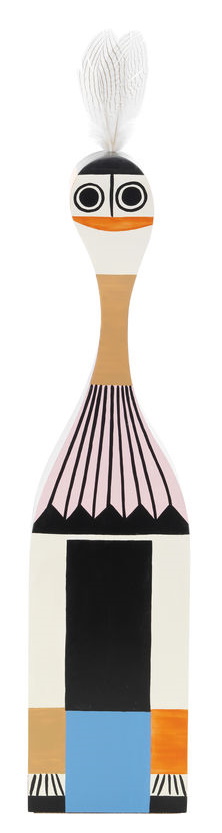 Vitra Wooden Doll No. 1, große dekorative Holzfigur, handbemaltes Einzelstück mit Federn.