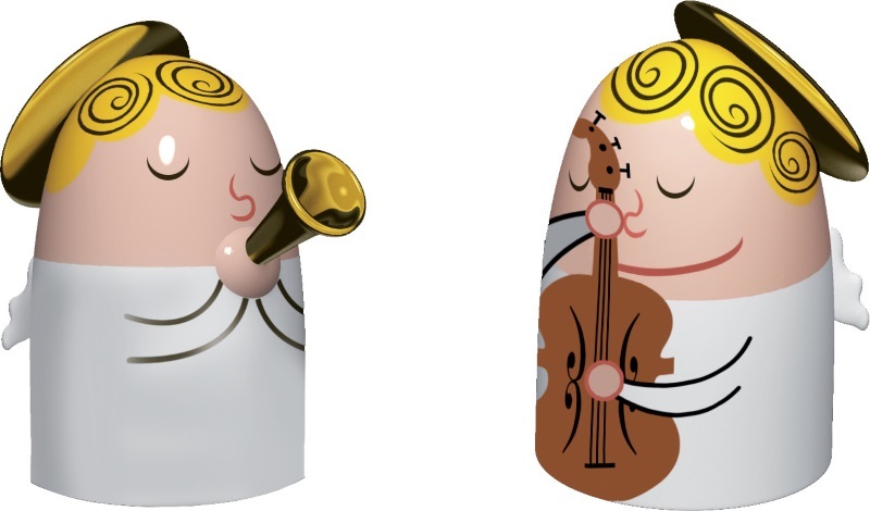 Alessi Porzellanfiguren: Gitarrist und Trompeter, dekorative Sammlerstücke für Musikliebhaber. Designobjekt für Wohnkultur.
