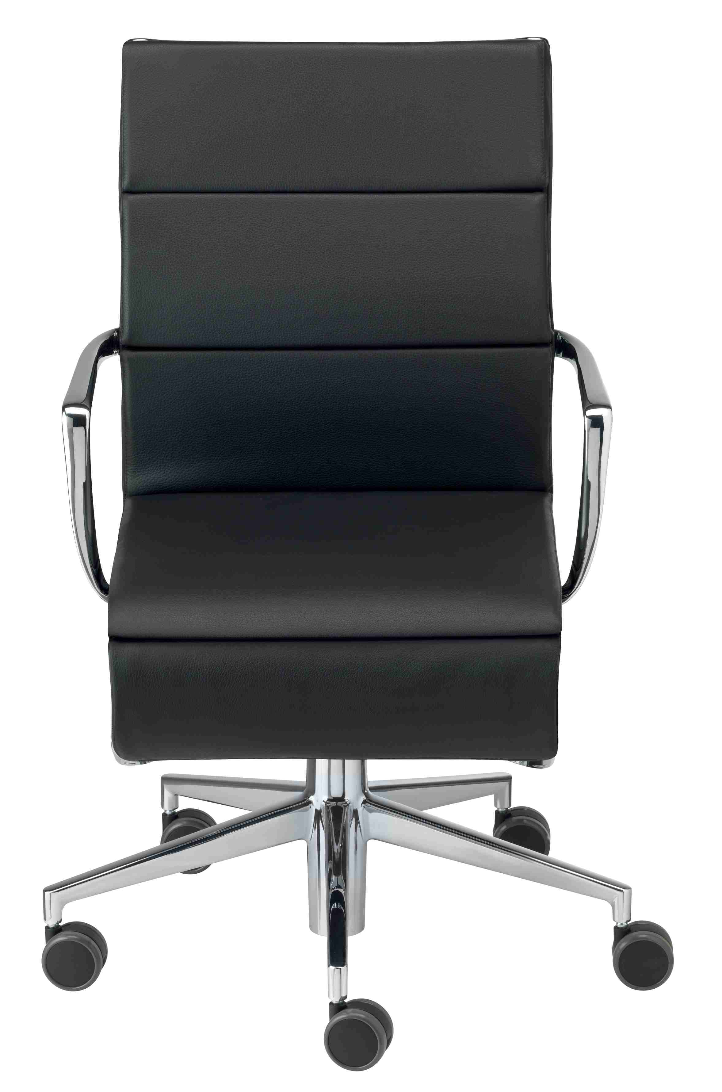 Rollingframe Drehstuhl Alias: Schwarzer Bürostuhl mit Lederbezug und Chromgestell, Ansicht von vorne.