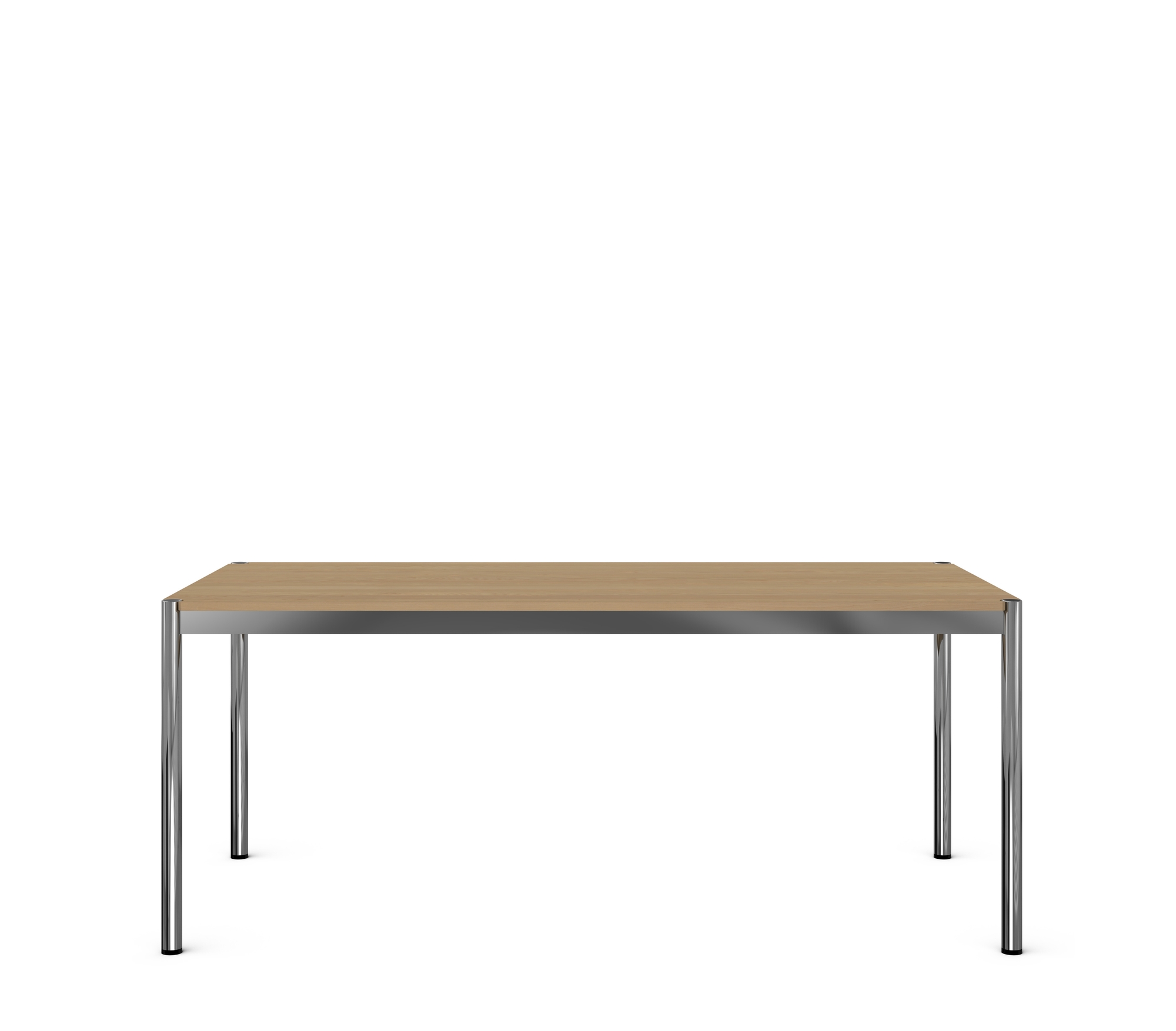 USM Haller Tisch 200x100 cm mit hellbrauner Tischplatte und verchromtem Stahlgestell, modernes Design für Büro und Zuhause.