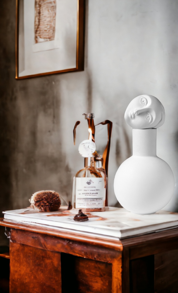 Weiße Luna Vase mit Gesicht auf einem Tisch, moderne Deko-Vase für stilvolles Wohnen.