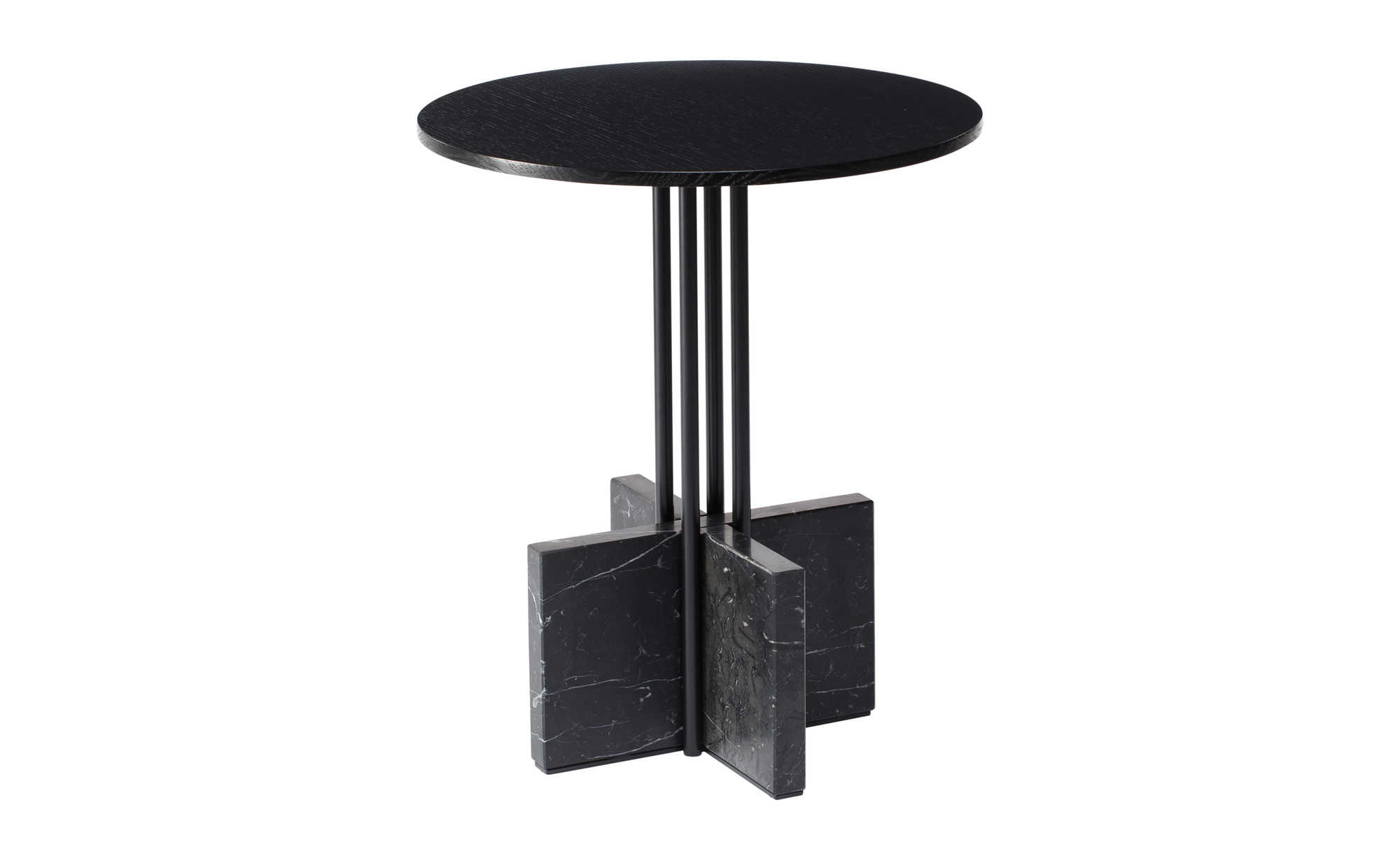 Gravity Table Beistelltisch Nero Marquina Favius: Runder, schwarzer Holztisch mit Marmorfuß und Metallbeinen.