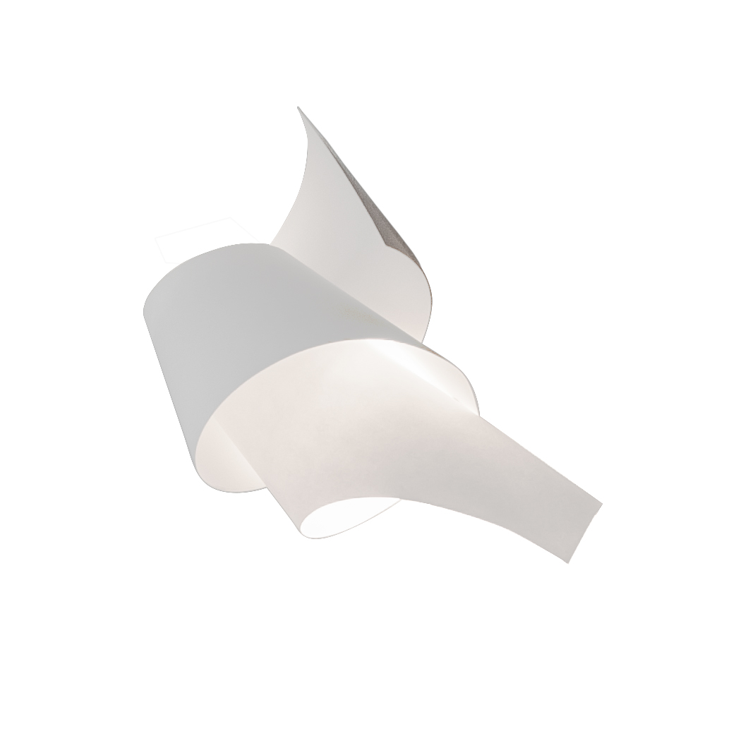 Weiße Oop´s 2 Wandleuchte von Ingo Maurer: Modernes Design mit geschwungenen Papierbahnen und indirektem Licht.