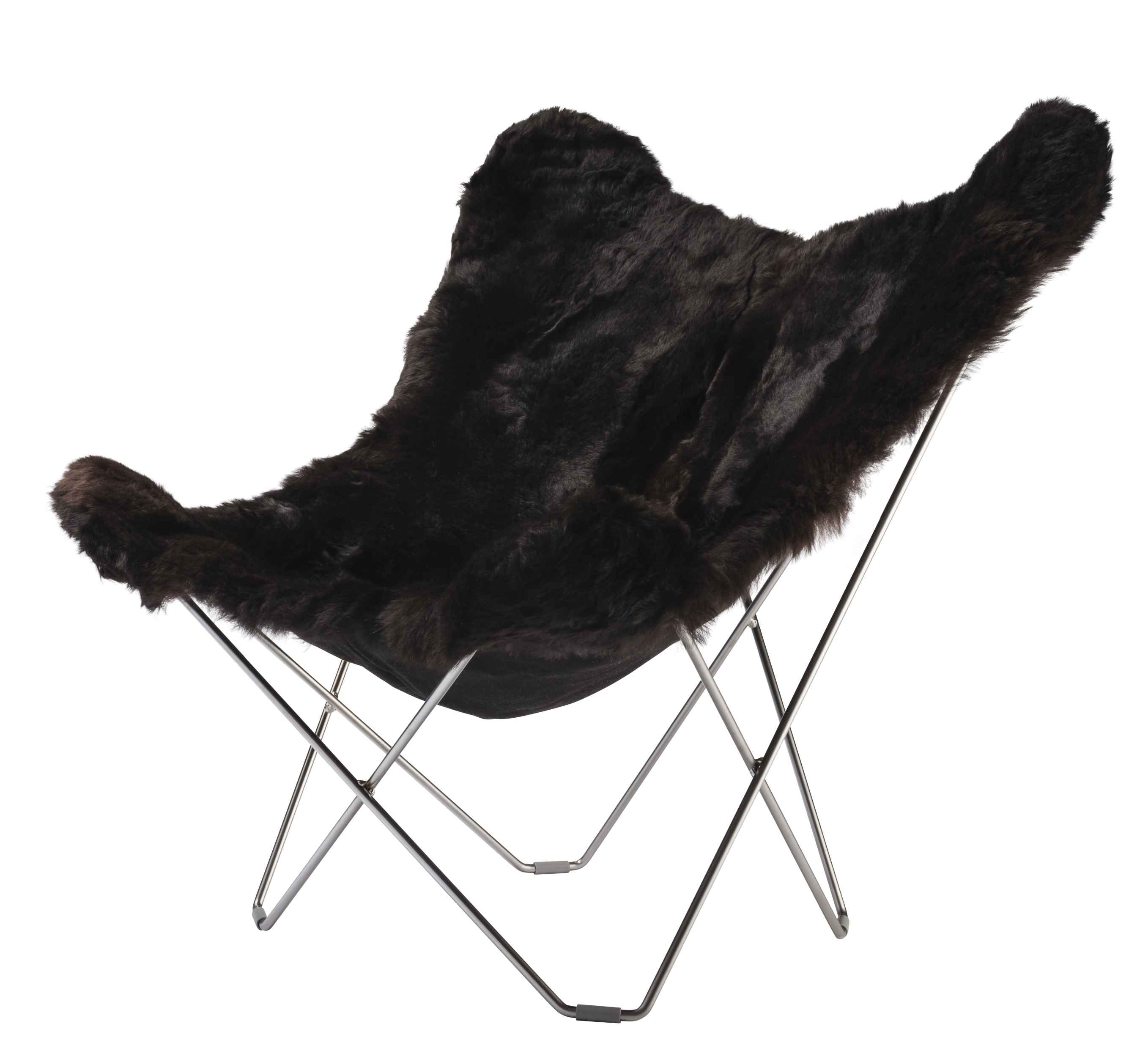 Schwarzer Iceland Mariposa Butterfly Chair Sessel mit Schaffellbezug und Chromgestell. Designermöbel für Wohnzimmer.