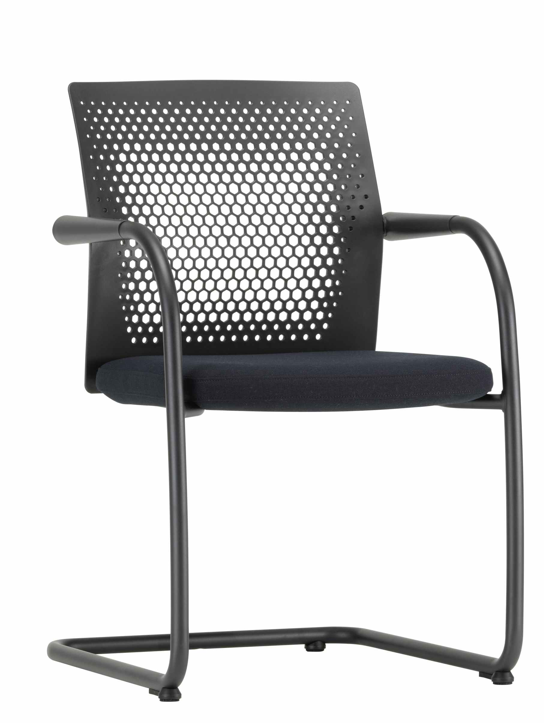Schwarzer Vitra ID Visitor Air Freischwinger mit Armlehnen und perforierter Rückenlehne, Bürostuhl für Besucher.
