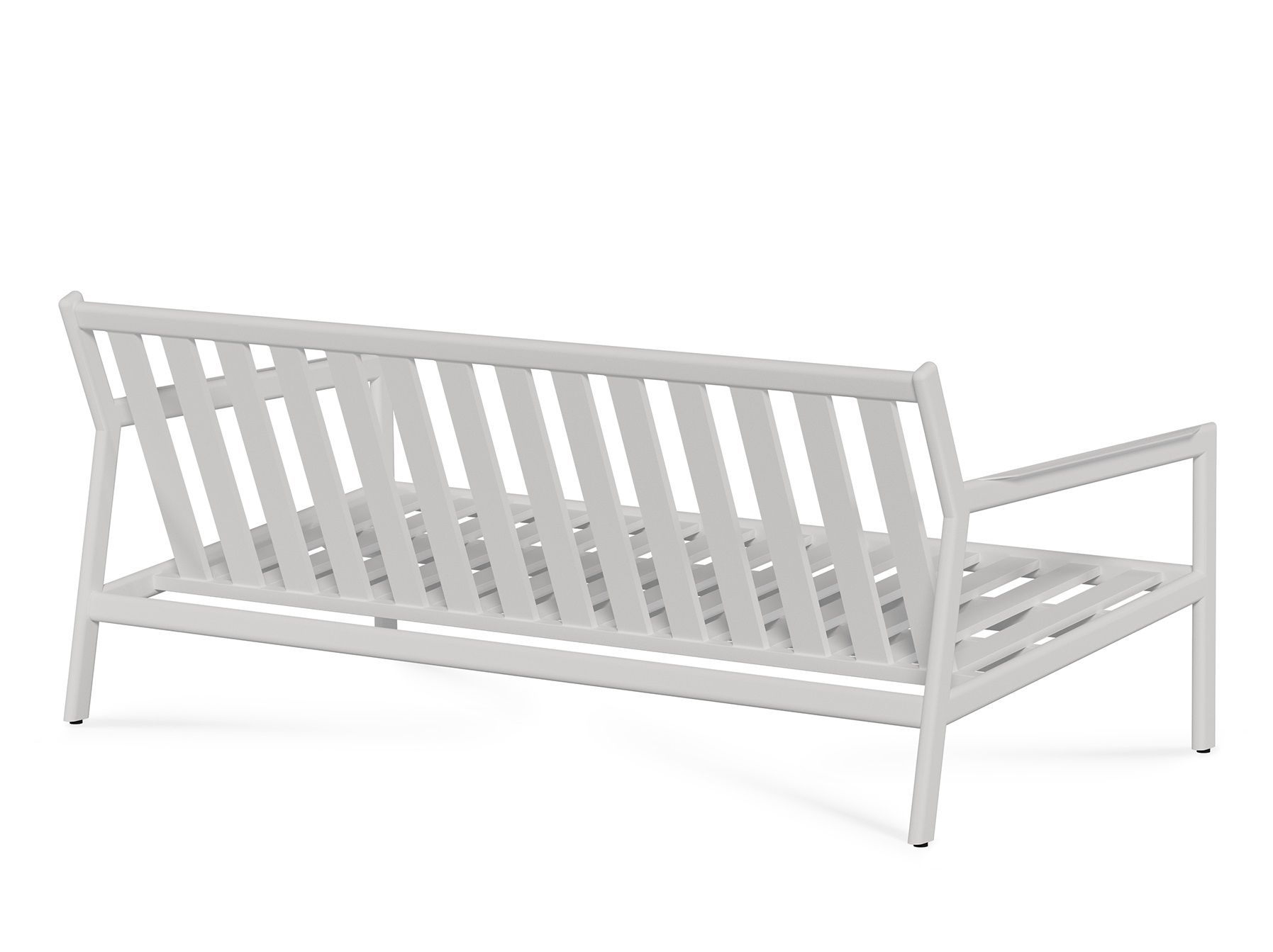 Rückansicht des weißen Jack Outdoor Sofas von Ethnicraft mit Aluminiumrahmen.