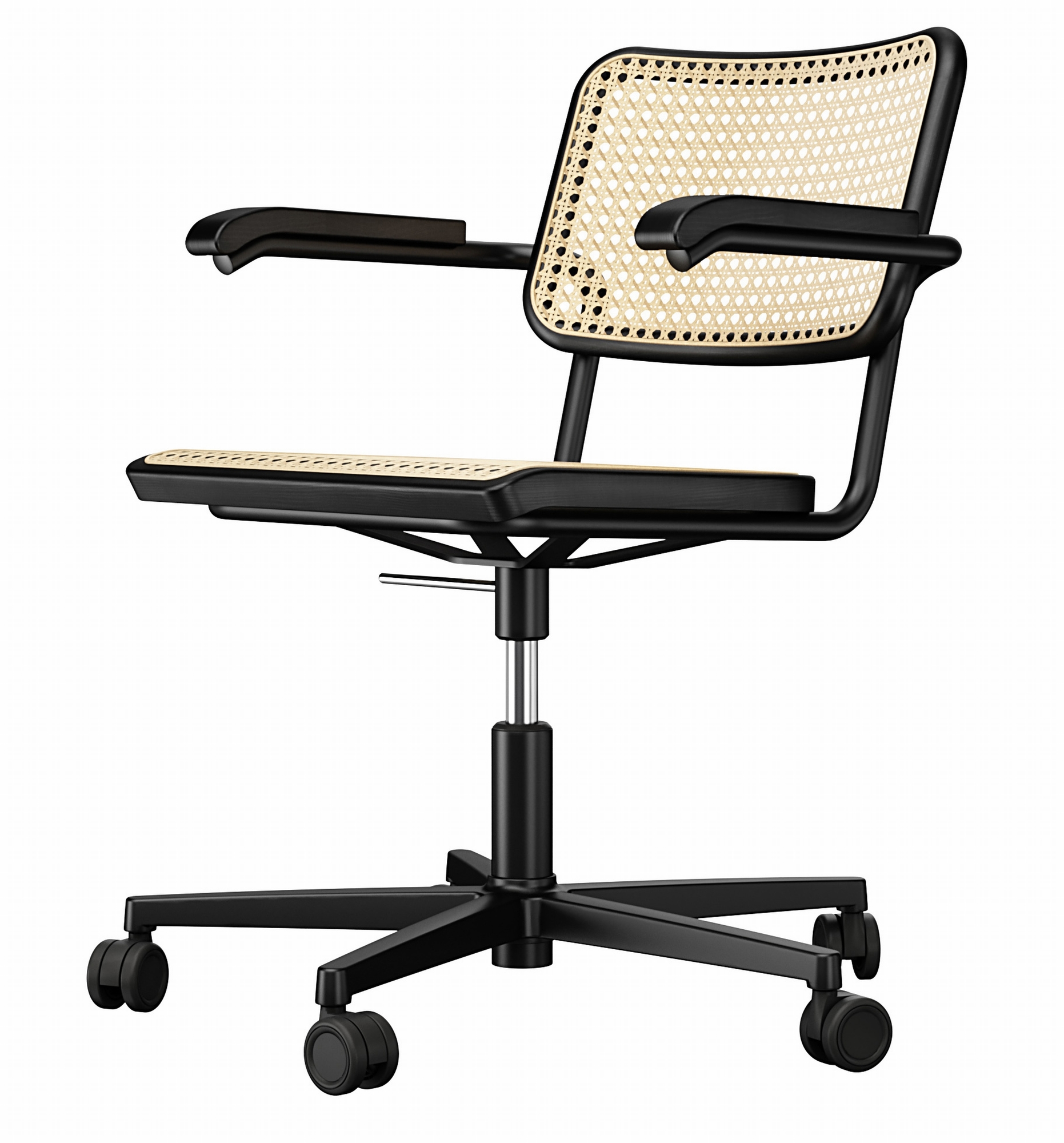 Schwarzer Thonet S 64 VDR Drehstuhl mit Armlehnen und Wiener Geflecht für Büro und Atelier.