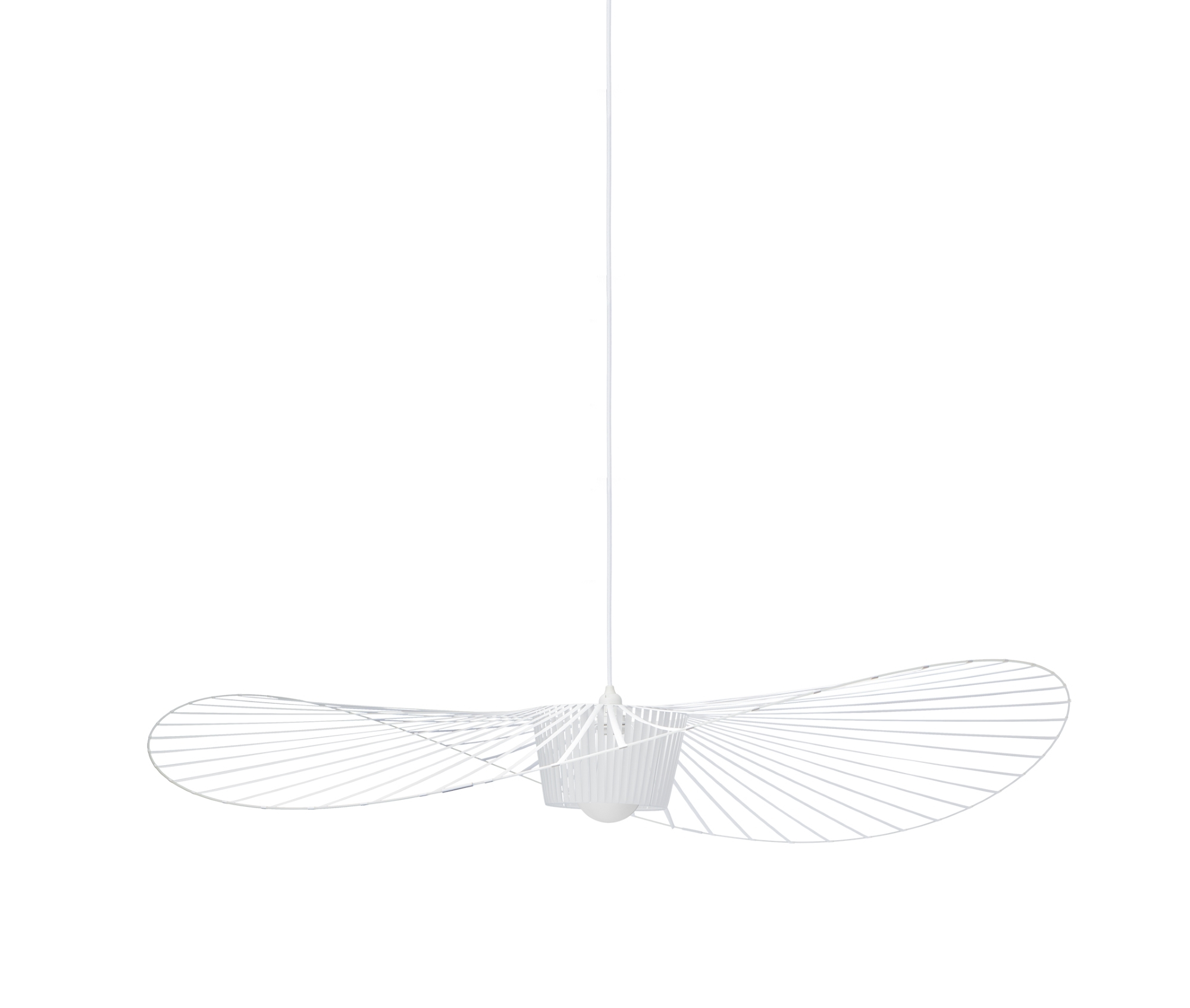 Weiße Vertigo Pendelleuchte von Petite Friture, Medium Größe, filigranes Design mit schirmartigen, gebogenen Metallstreben.