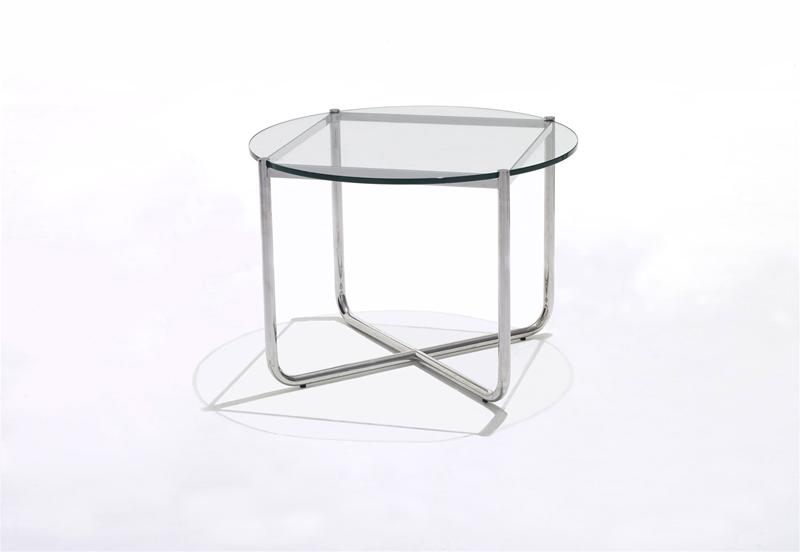 MR Couchtisch von Knoll International mit runder Glasplatte und verchromtem Stahlrohrgestell.