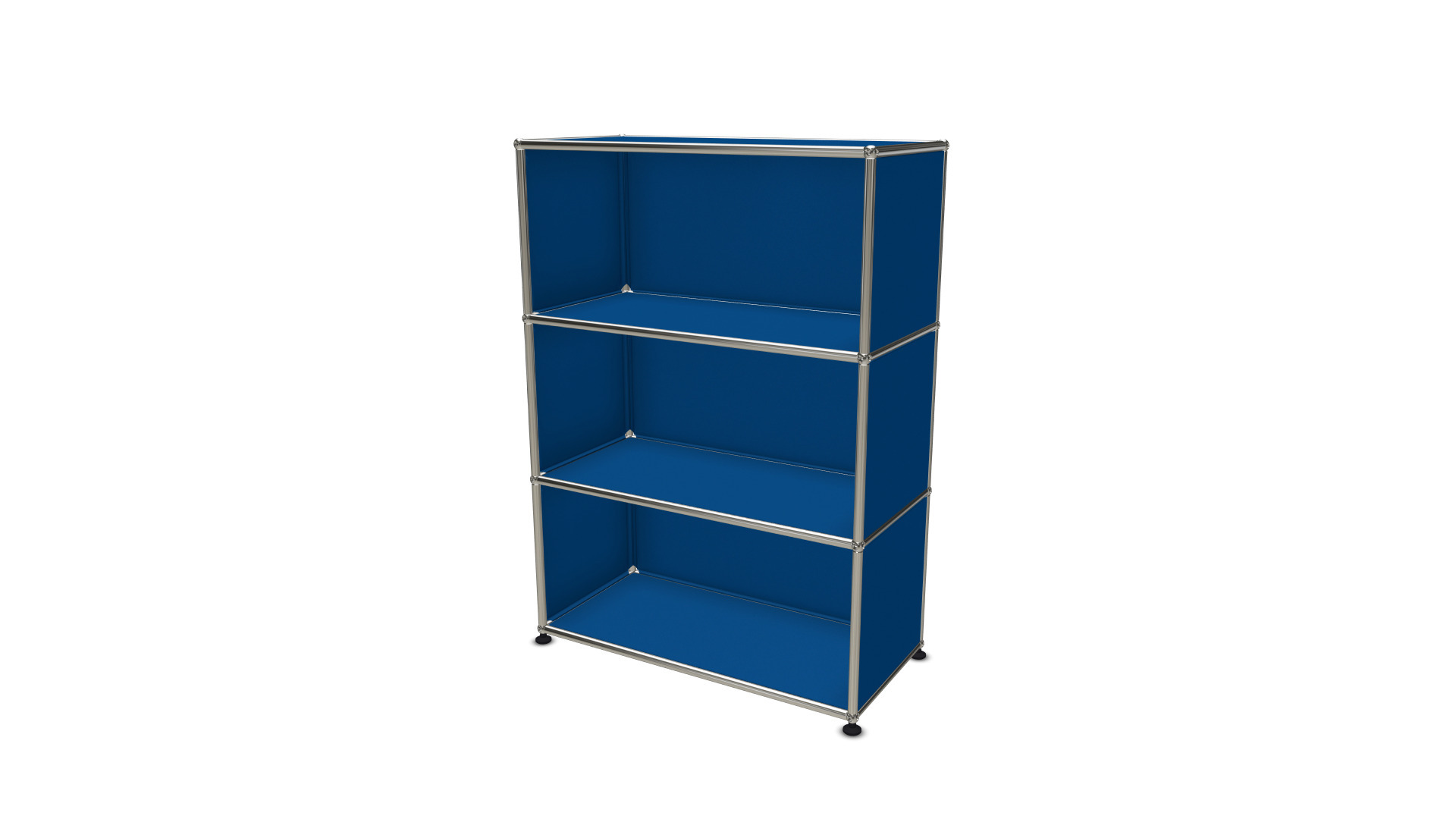 USM Haller Highboard in Enzianblau mit drei offenen Fächern und verchromtem Gestell für Wohnzimmer und Büro.