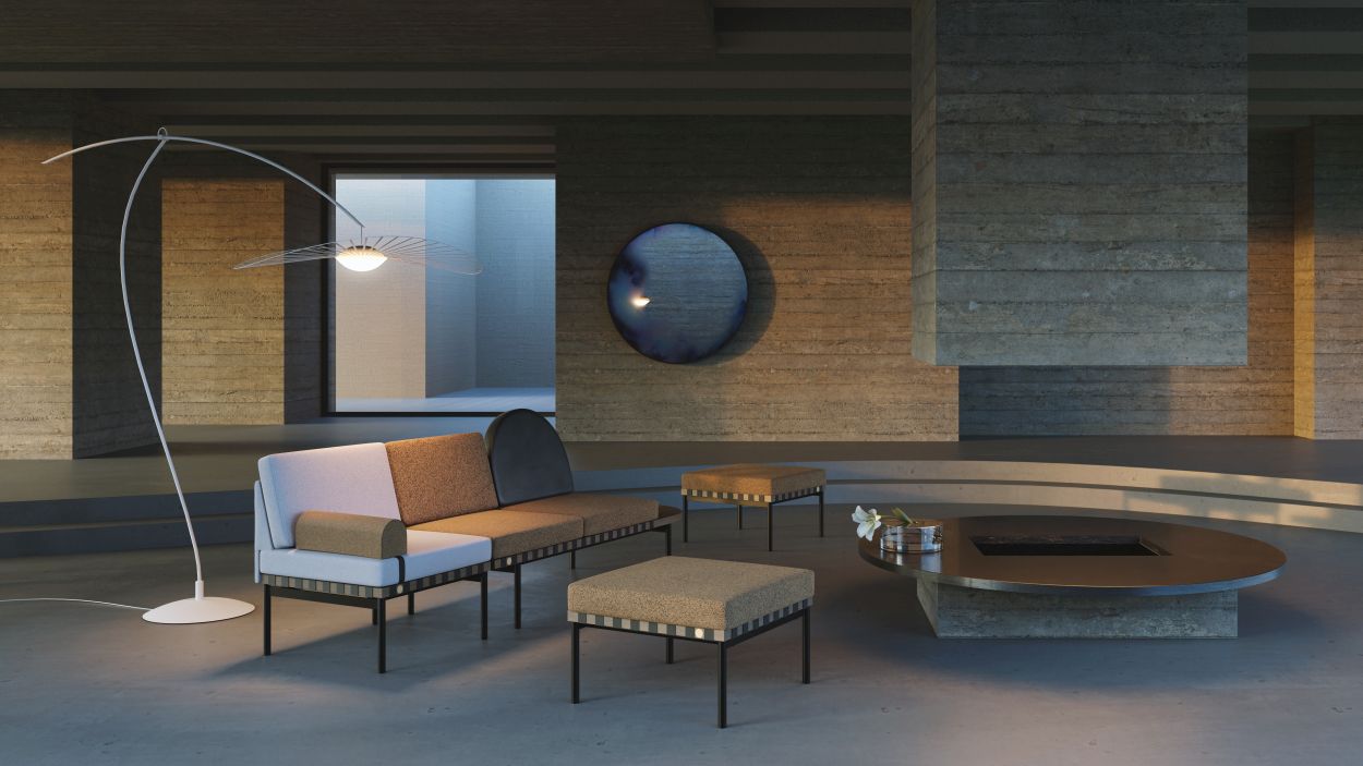 Francis Wandspiegel von Petite Friture, runder Spiegel an einer Betonwand in einem modernen Wohnraum.