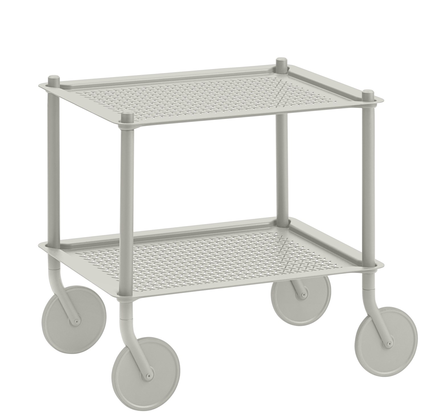 Grauer Muuto Flow Trolley Servierwagen mit zwei Ablageflächen und Rollen auf weißem Hintergrund.