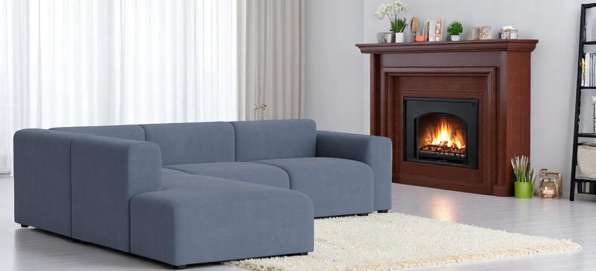 Mags Sofa Corner Combination in warmgrauem Stoff, modernes Ecksofa mit niedriger Armlehne links.